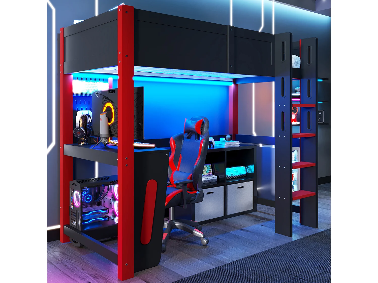 Lit mezzanine 90 x 200 cm - avec table - avec étagère murale - avec éclairage LED - noir (matelas non inclus)