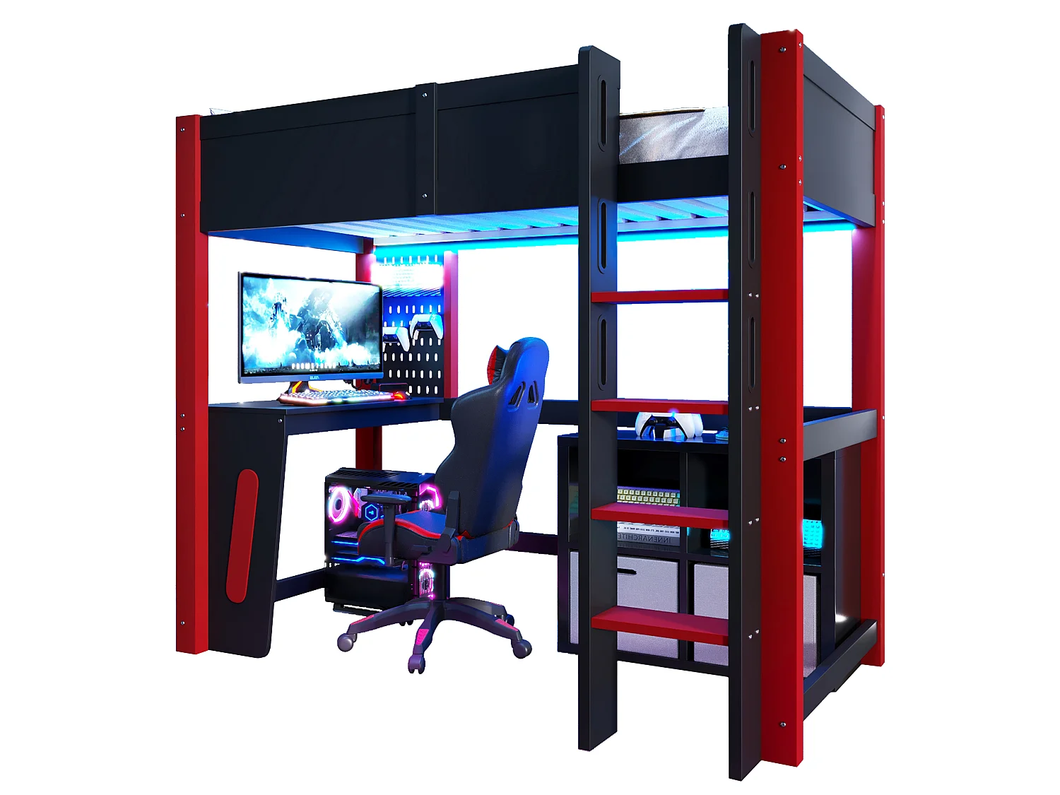 Lit mezzanine 90 x 200 cm - avec table - avec étagère murale - avec éclairage LED - noir (matelas non inclus)