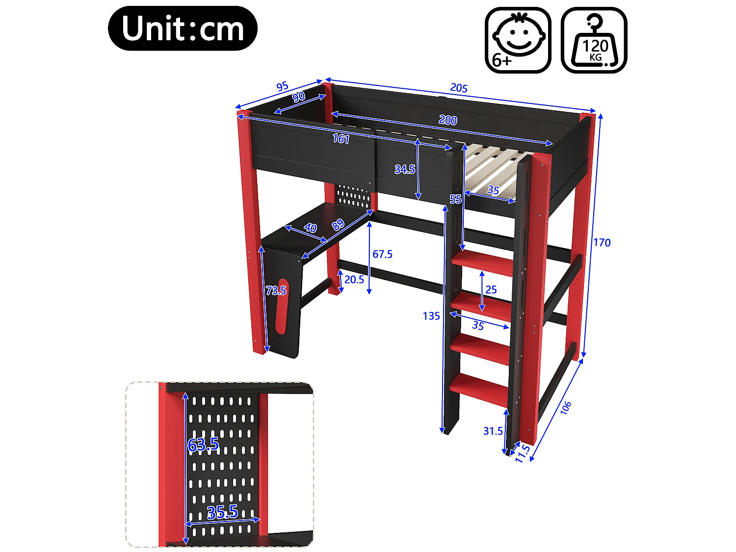 Lit mezzanine 90 x 200 cm - avec table - avec étagère murale - avec éclairage LED - noir (matelas non inclus)