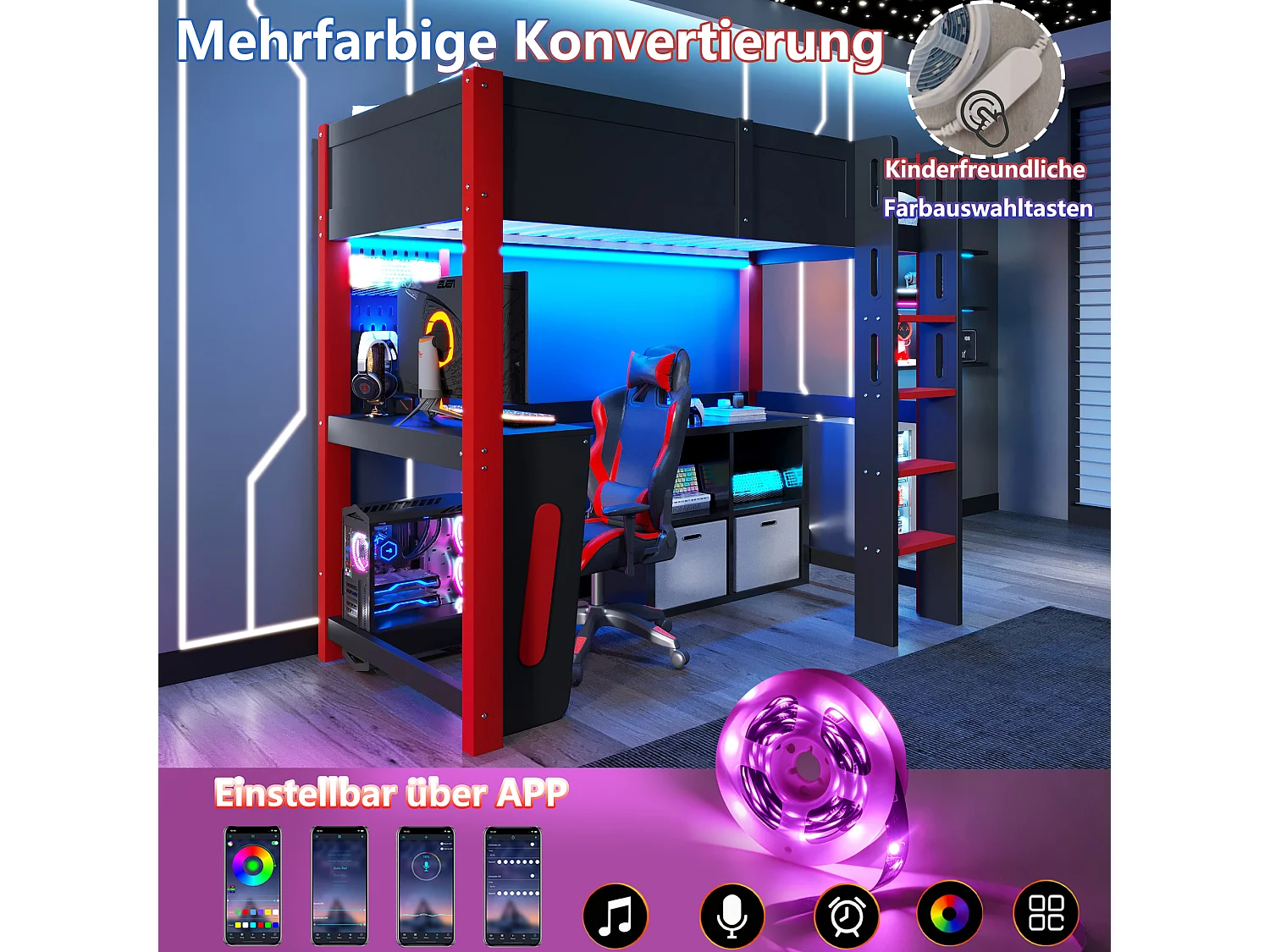 Lit mezzanine 90 x 200 cm - avec table - avec étagère murale - avec éclairage LED - noir (matelas non inclus)