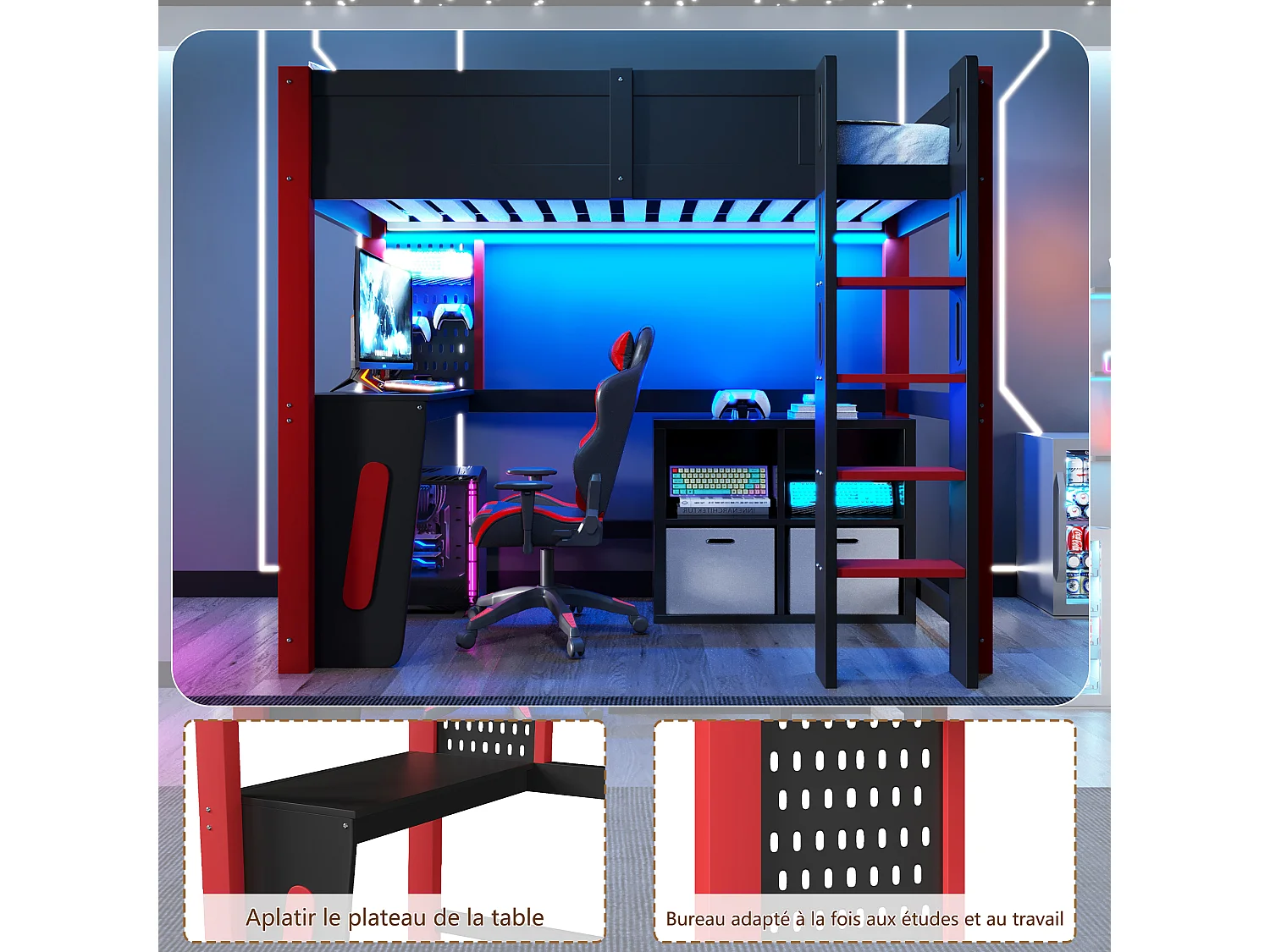 Lit mezzanine 90 x 200 cm - avec table - avec étagère murale - avec éclairage LED - noir (matelas non inclus)