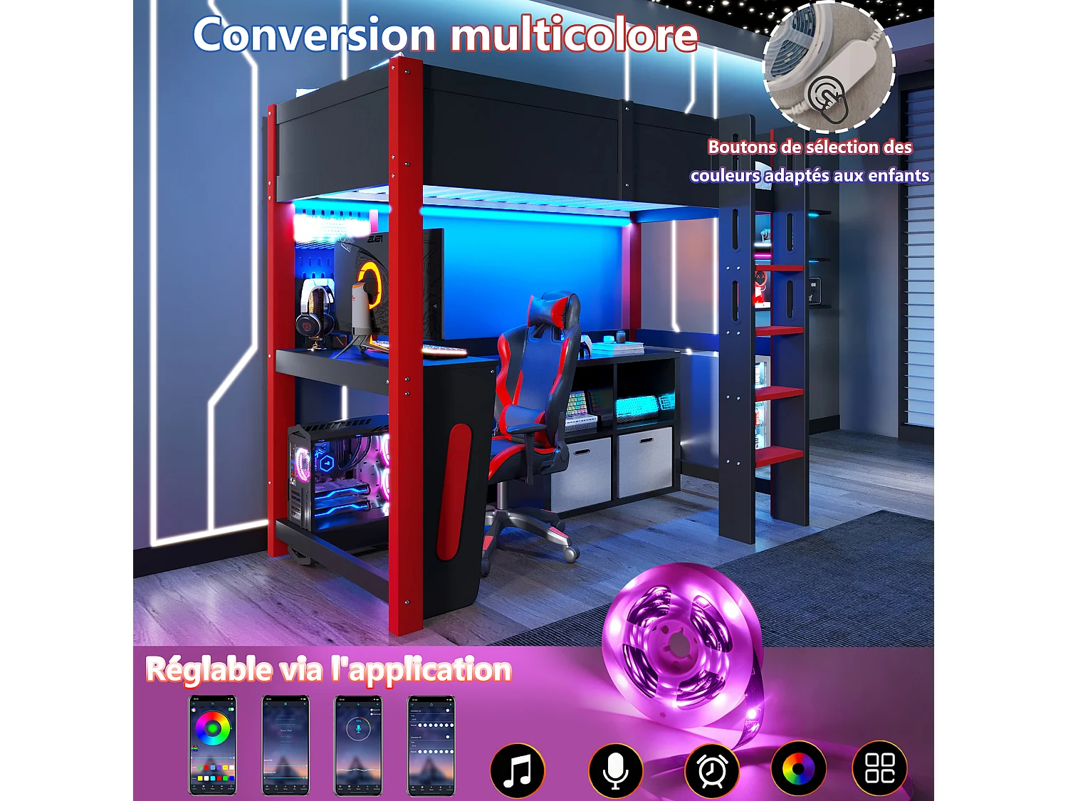 Lit mezzanine 90 x 200 cm - avec table - avec étagère murale - avec éclairage LED - noir (matelas non inclus)