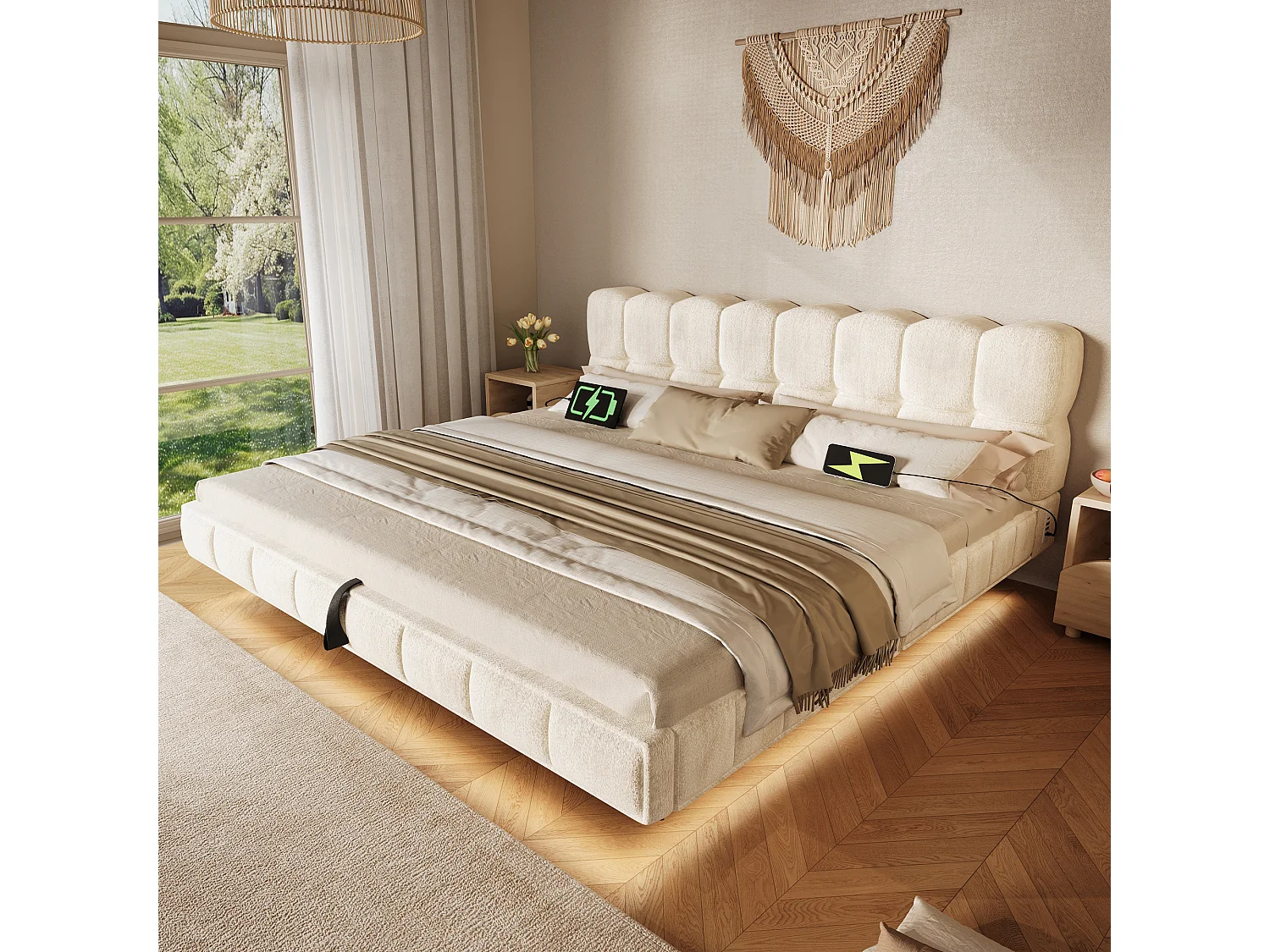 Bedbox gestoffeerd 160x200cm - met LED-verlichting en USB-poort - zwevend design - chenillestof - Beige (zonder matras)