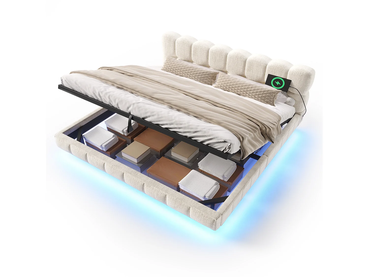 Bedbox gestoffeerd 160x200cm - met LED-verlichting en USB-poort - zwevend design - chenillestof - Beige (zonder matras)
