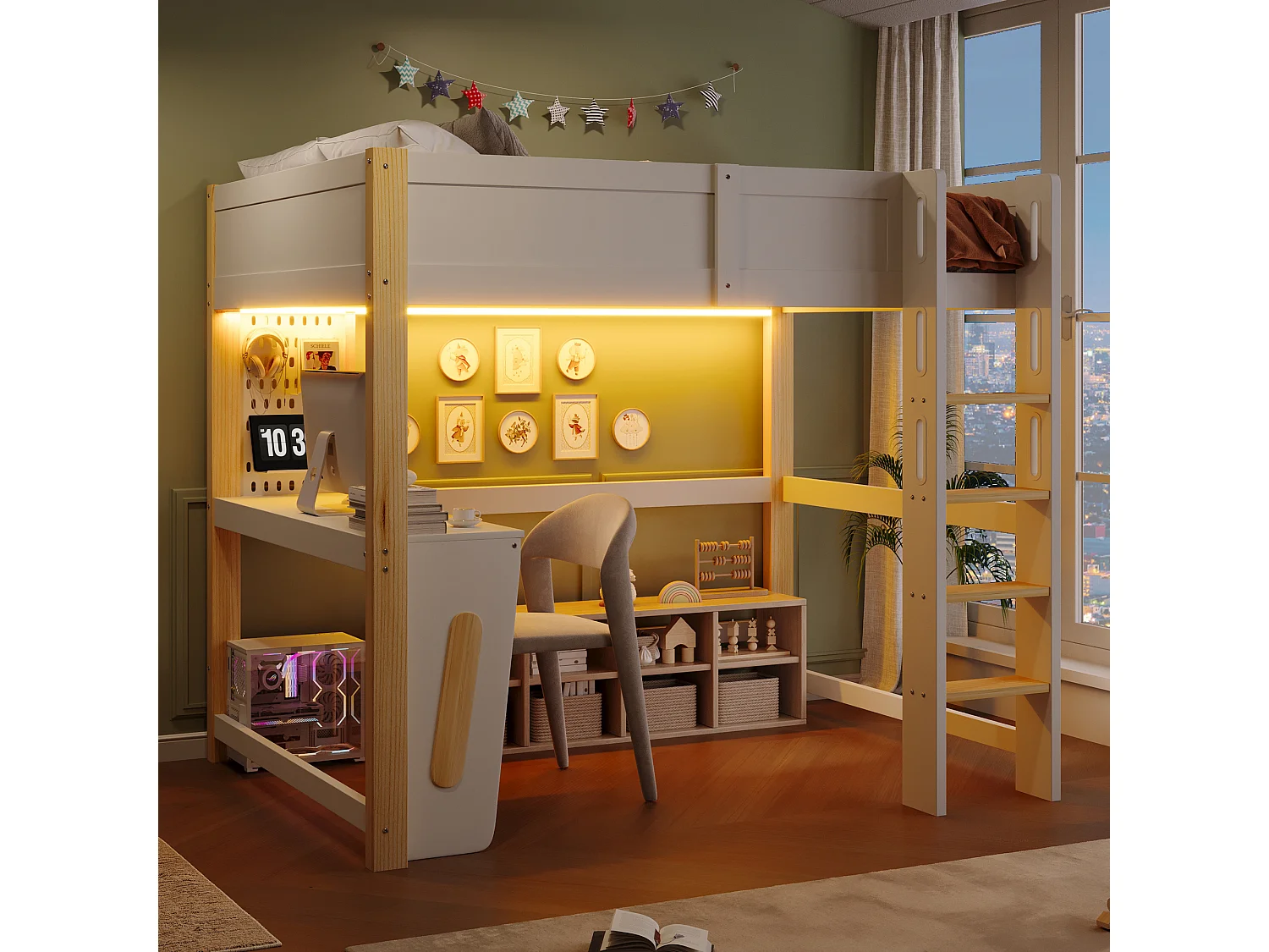 Hoogslapersbed 140 x 200 cm - met bureau - met wandplank - met LED-verlichting - wit (matras niet inbegrepen)