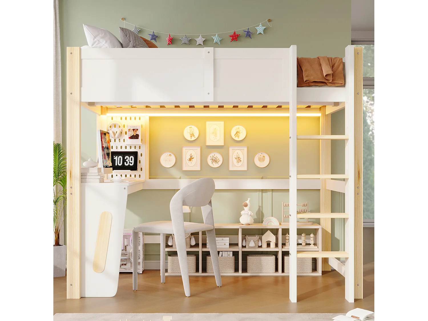 Hoogslapersbed 140 x 200 cm - met bureau - met wandplank - met LED-verlichting - wit (matras niet inbegrepen)
