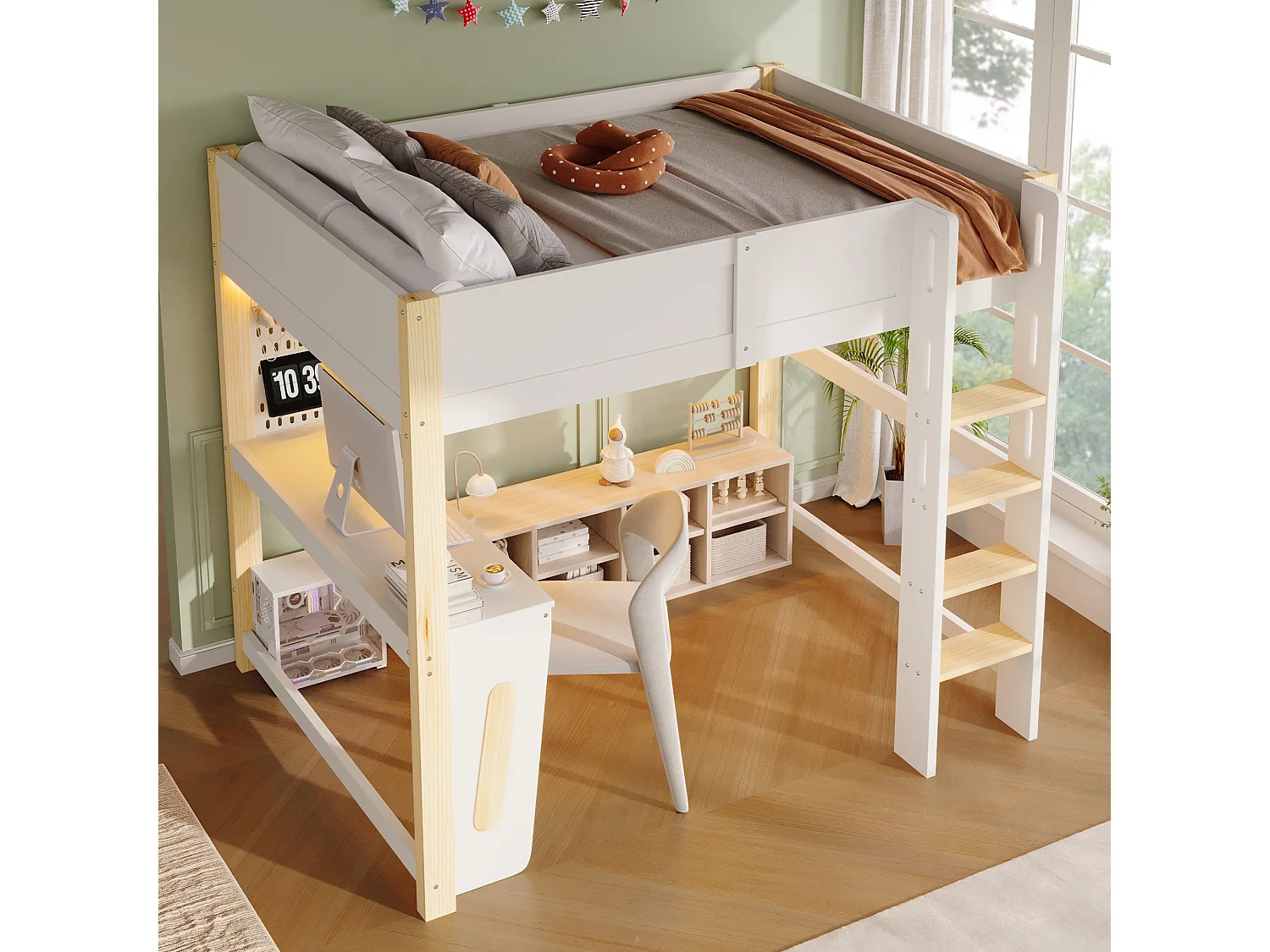 Hoogslapersbed 140 x 200 cm - met bureau - met wandplank - met LED-verlichting - wit (matras niet inbegrepen)