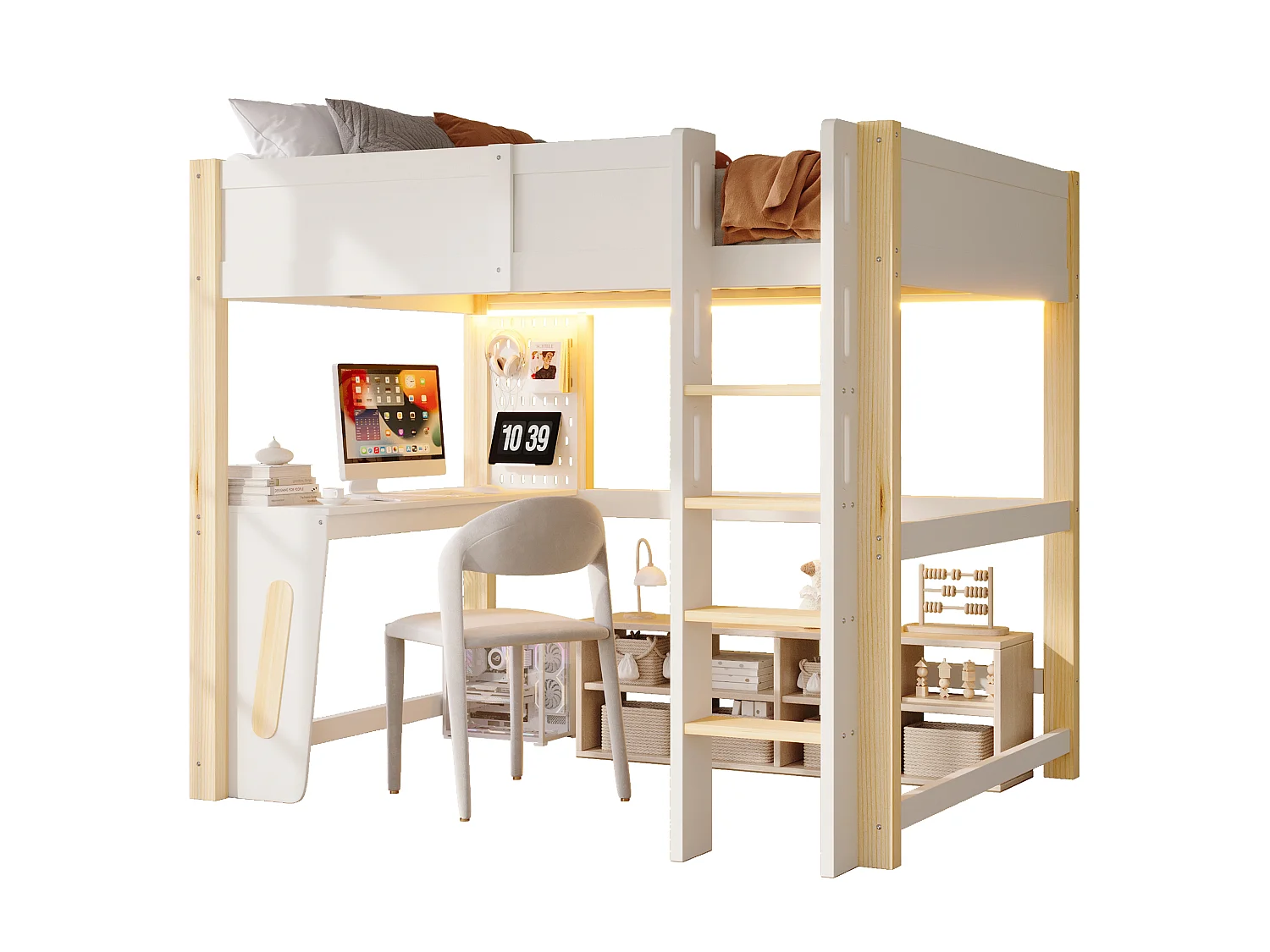 Hoogslapersbed 140 x 200 cm - met bureau - met wandplank - met LED-verlichting - wit (matras niet inbegrepen)