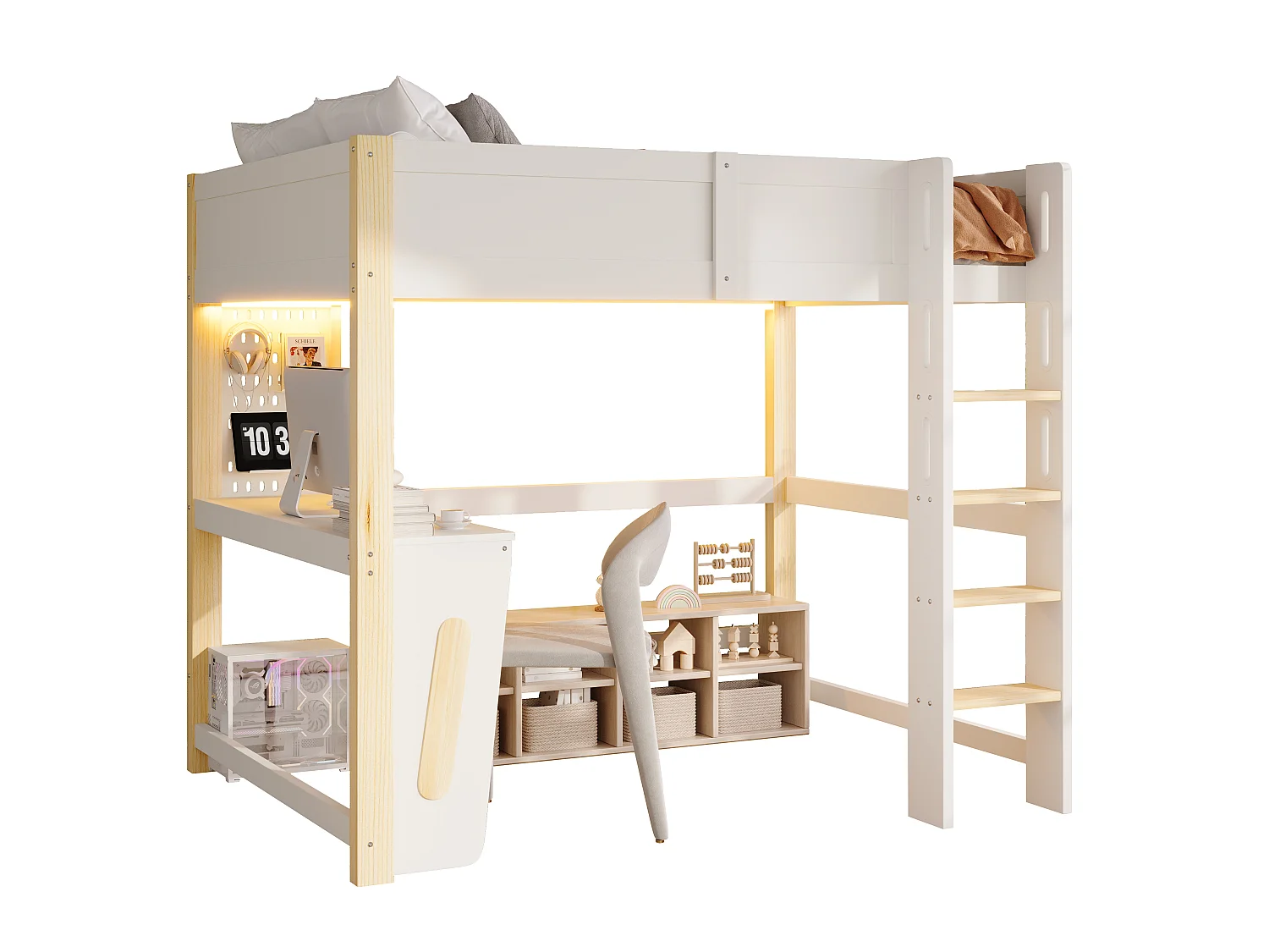 Hoogslapersbed 140 x 200 cm - met bureau - met wandplank - met LED-verlichting - wit (matras niet inbegrepen)