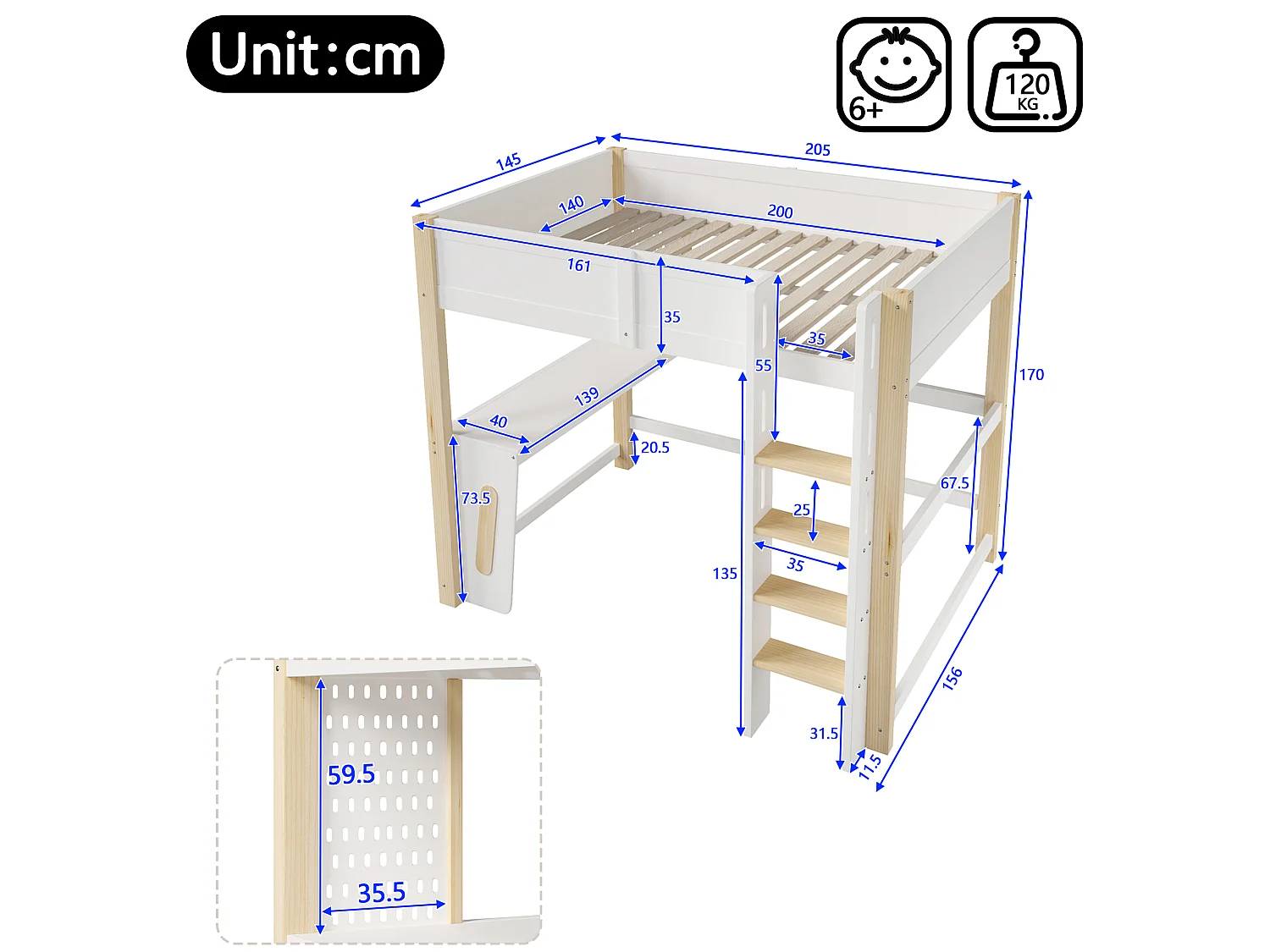 Hoogslapersbed 140 x 200 cm - met bureau - met wandplank - met LED-verlichting - wit (matras niet inbegrepen)