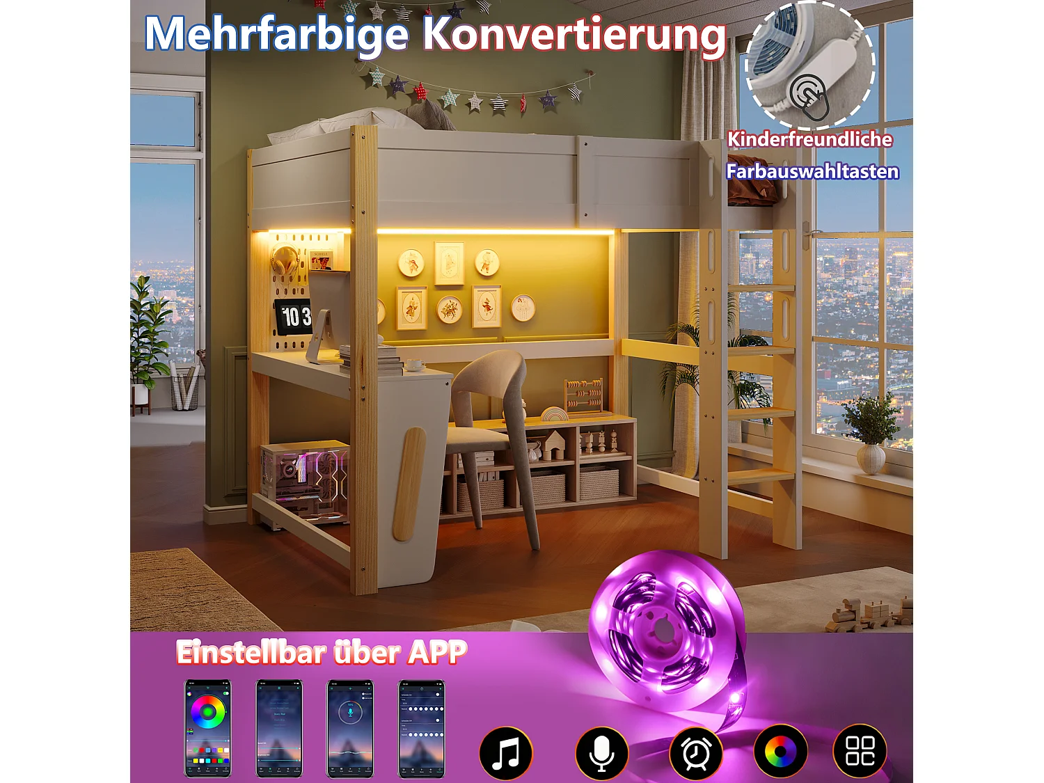 Hoogslapersbed 140 x 200 cm - met bureau - met wandplank - met LED-verlichting - wit (matras niet inbegrepen)
