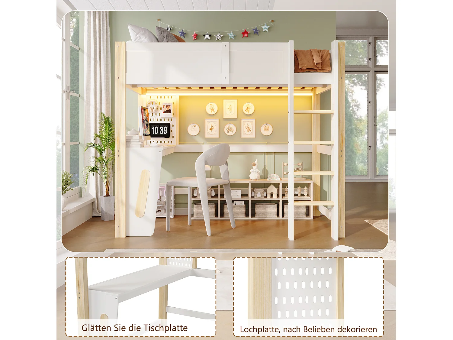 Hoogslapersbed 140 x 200 cm - met bureau - met wandplank - met LED-verlichting - wit (matras niet inbegrepen)