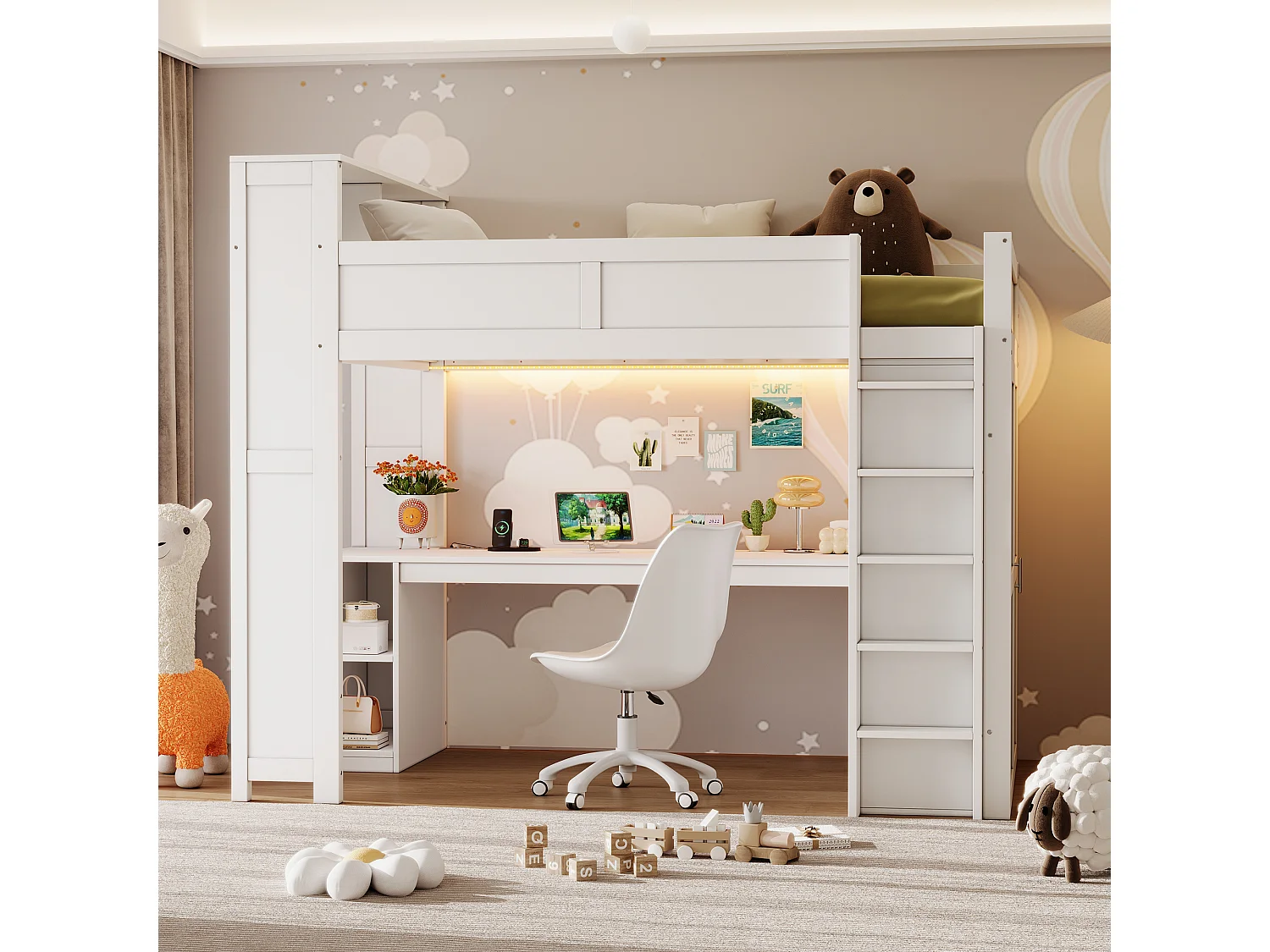 Lit mezzanine 90x200 cm - Avec bureau et penderie intégrés - Port USB et éclairage LED - MDF - Blanc (sans matelas)