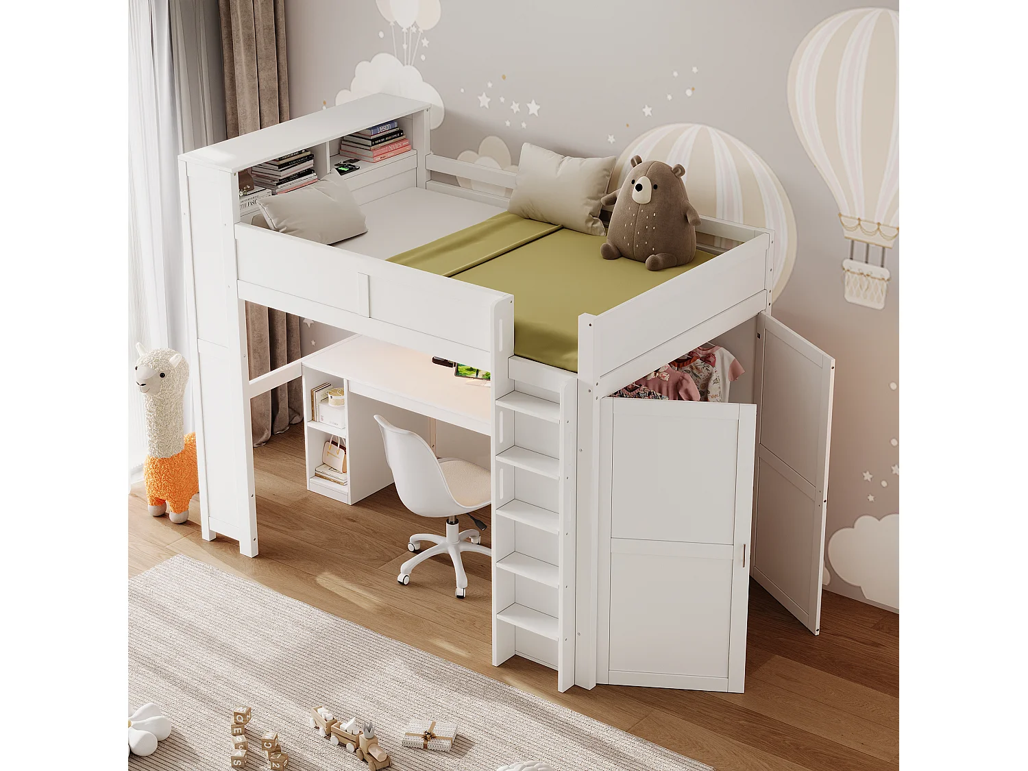 Lit mezzanine 90x200 cm - Avec bureau et penderie intégrés - Port USB et éclairage LED - MDF - Blanc (sans matelas)