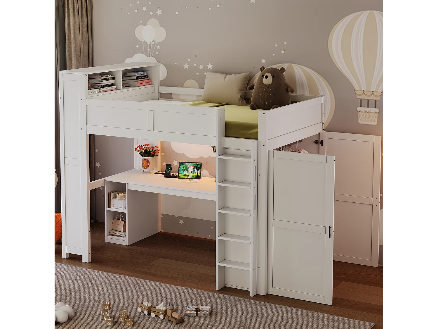 Lit mezzanine 90x200 cm - Avec bureau et penderie intégrés - Port USB et éclairage LED - MDF - Blanc (sans matelas)