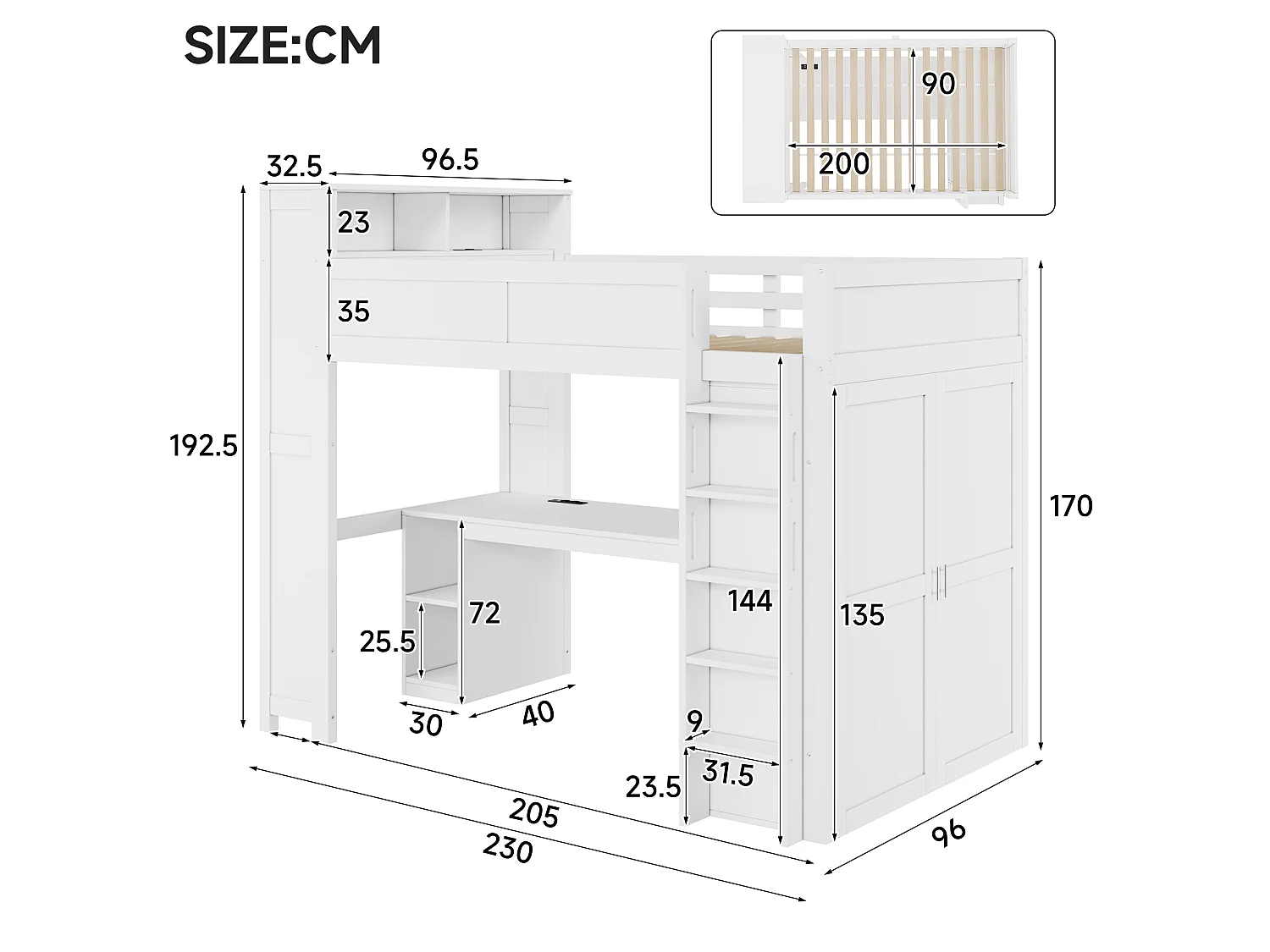 Lit mezzanine 90x200 cm - Avec bureau et penderie intégrés - Port USB et éclairage LED - MDF - Blanc (sans matelas)