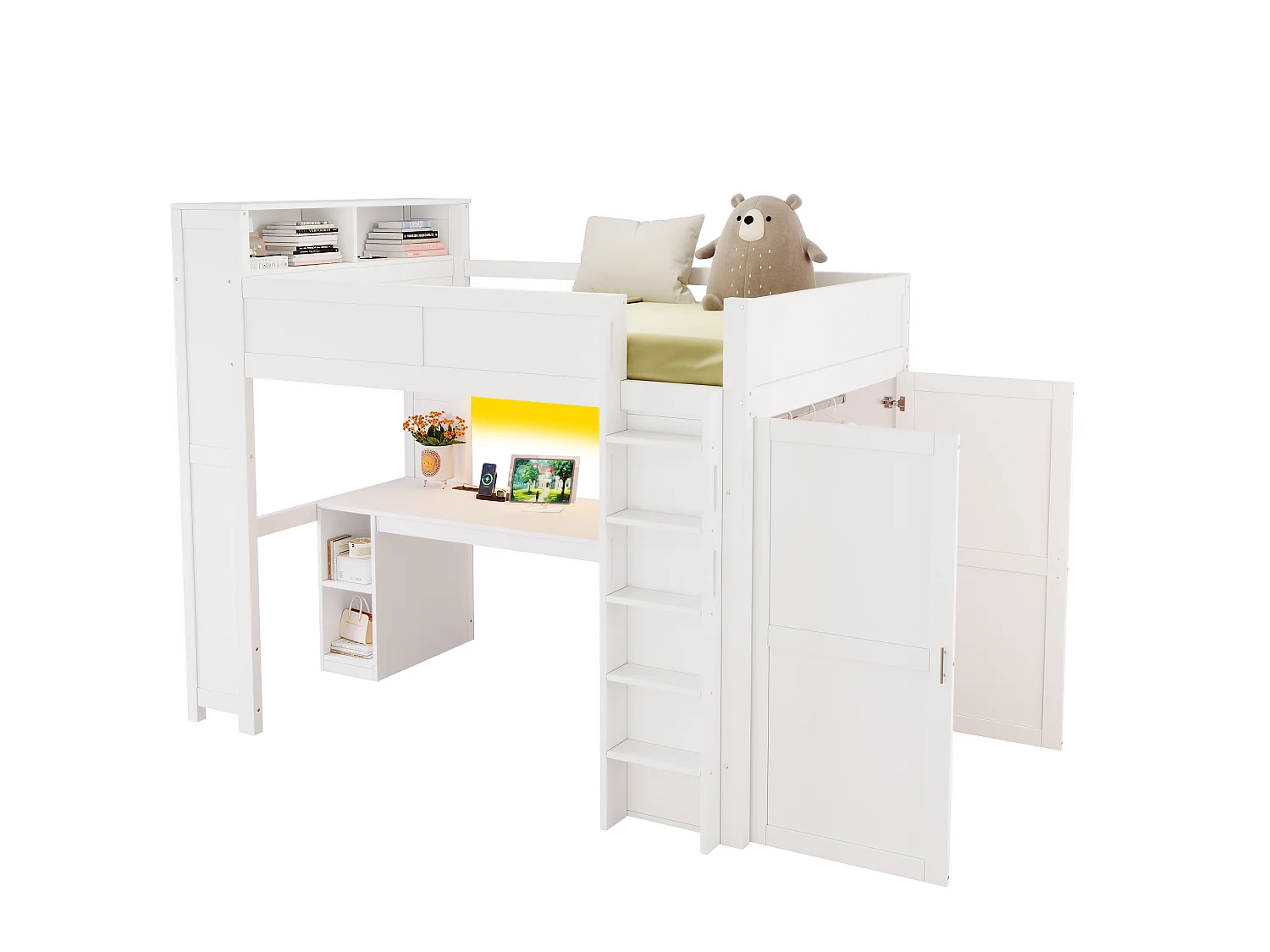 Lit mezzanine 90x200 cm - Avec bureau et penderie intégrés - Port USB et éclairage LED - MDF - Blanc (sans matelas)