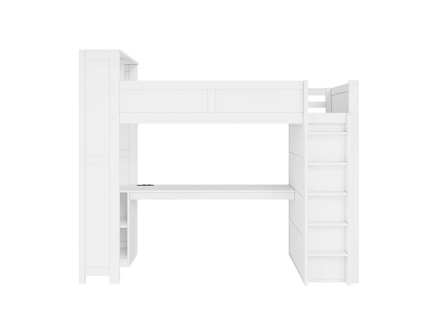 Lit mezzanine 90x200 cm - Avec bureau et penderie intégrés - Port USB et éclairage LED - MDF - Blanc (sans matelas)