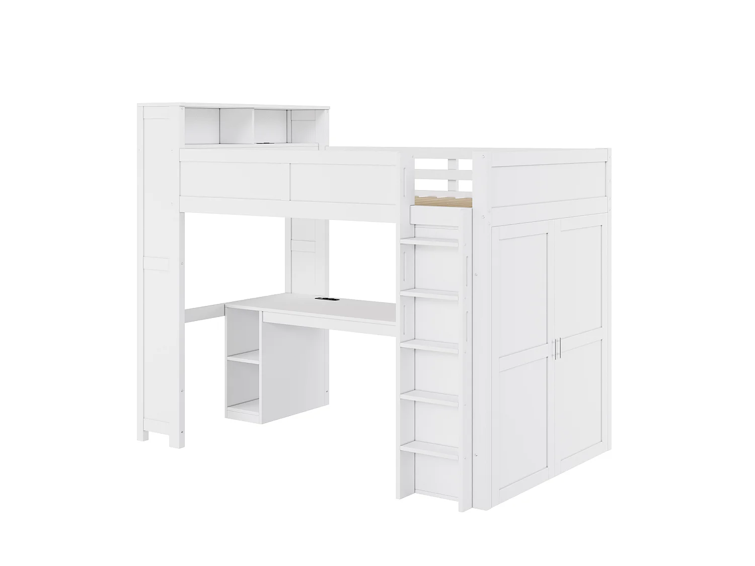 Lit mezzanine 90x200 cm - Avec bureau et penderie intégrés - Port USB et éclairage LED - MDF - Blanc (sans matelas)