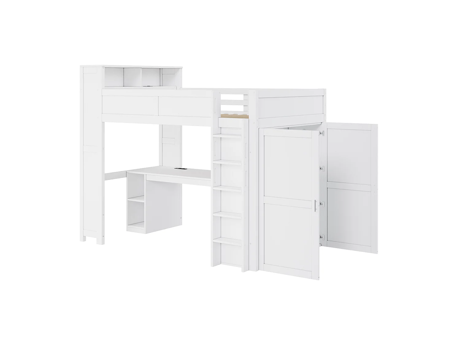 Lit mezzanine 90x200 cm - Avec bureau et penderie intégrés - Port USB et éclairage LED - MDF - Blanc (sans matelas)