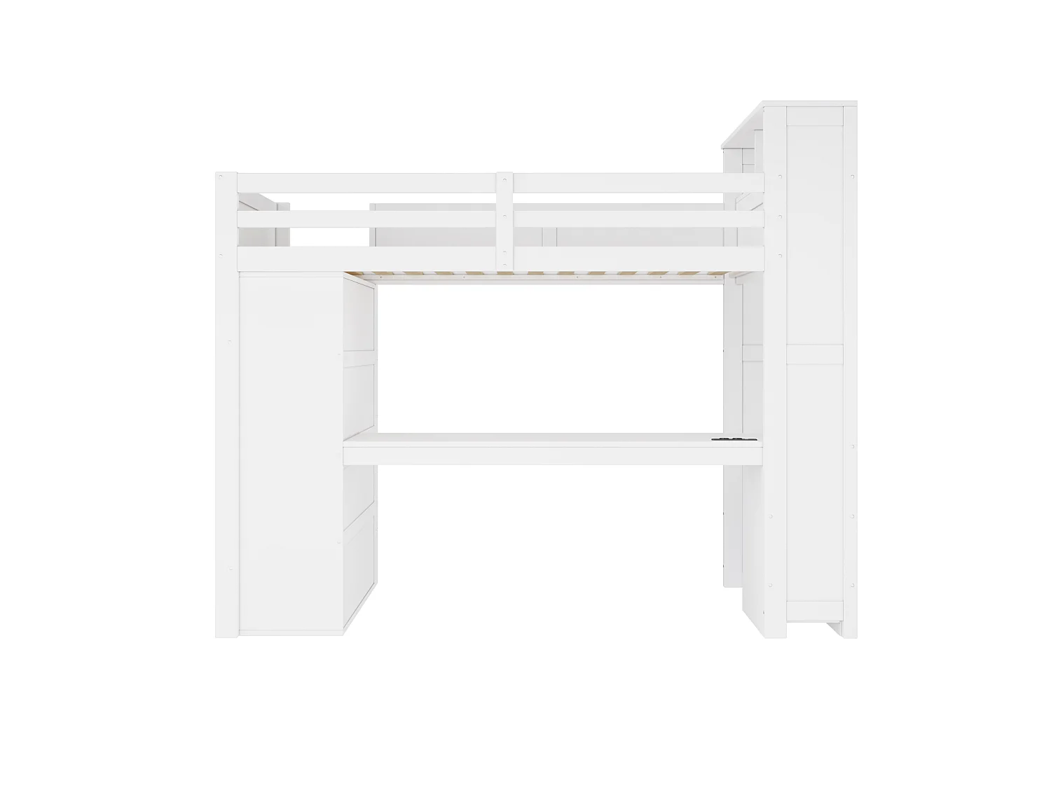Lit mezzanine 90x200 cm - Avec bureau et penderie intégrés - Port USB et éclairage LED - MDF - Blanc (sans matelas)