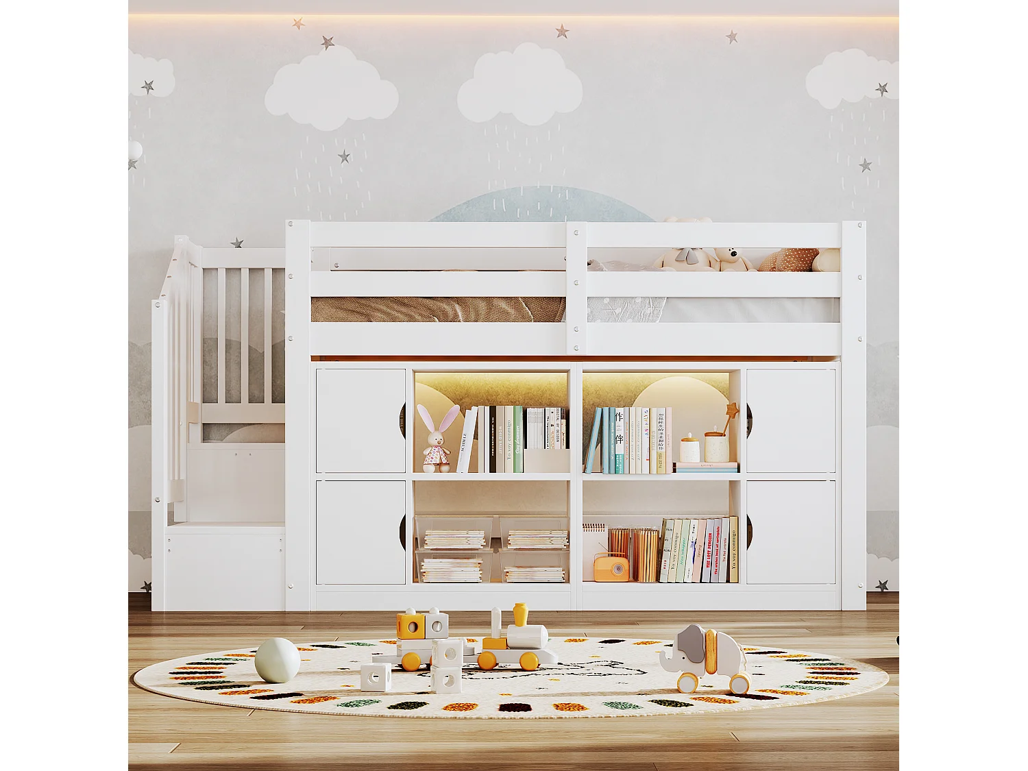 Lit mezzanine 90x200cm - avec rangements et penderie - avec échelle de rangement et éclairage LED - MDF - Blanc (sans matelas)