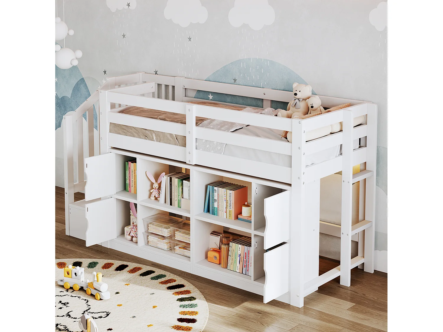 Lit mezzanine 90x200cm - avec rangements et penderie - avec échelle de rangement et éclairage LED - MDF - Blanc (sans matelas)