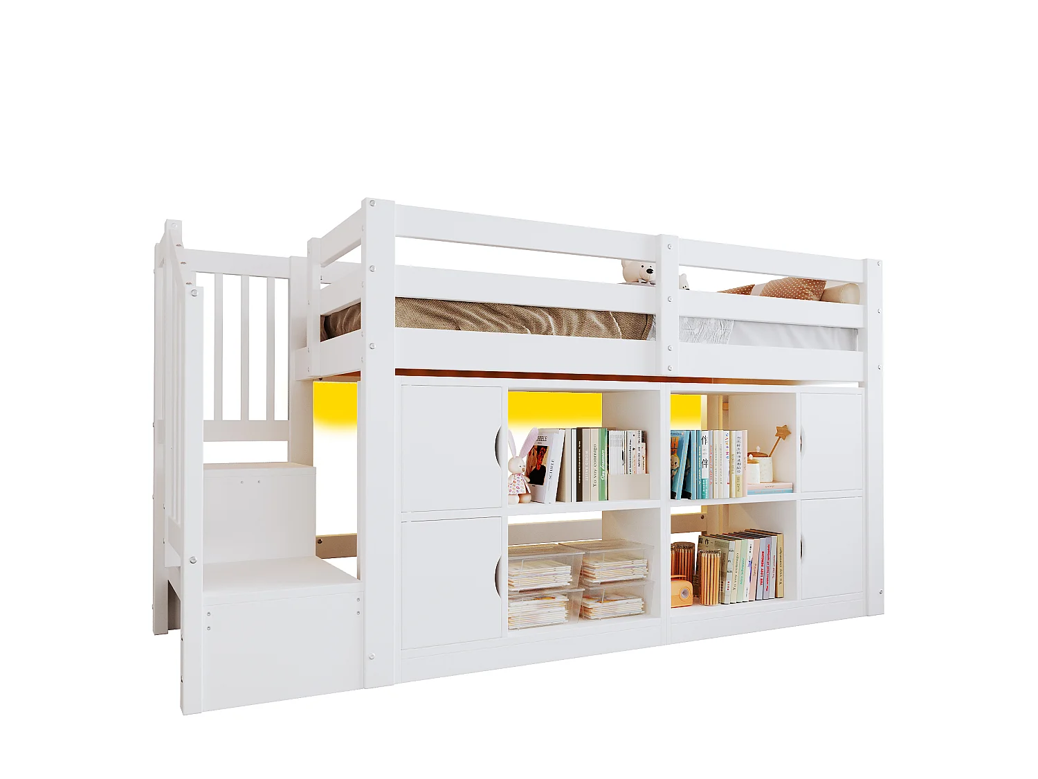 Lit mezzanine 90x200cm - avec rangements et penderie - avec échelle de rangement et éclairage LED - MDF - Blanc (sans matelas)