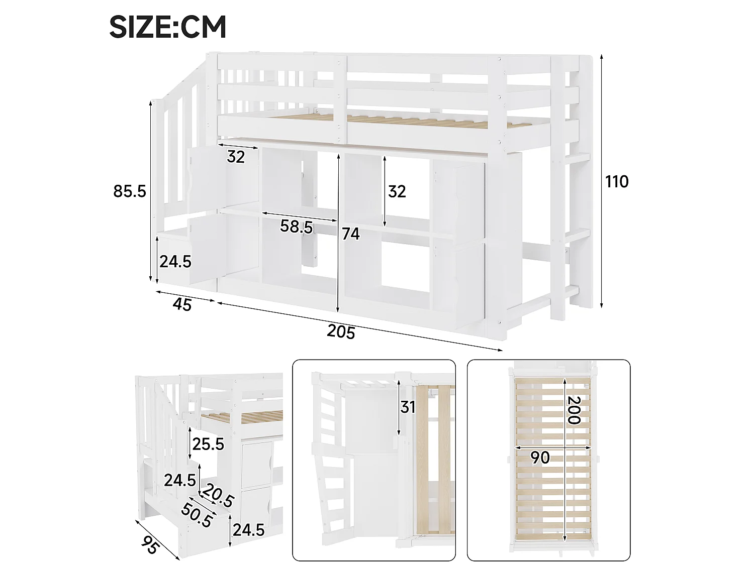 Lit mezzanine 90x200cm - avec rangements et penderie - avec échelle de rangement et éclairage LED - MDF - Blanc (sans matelas)