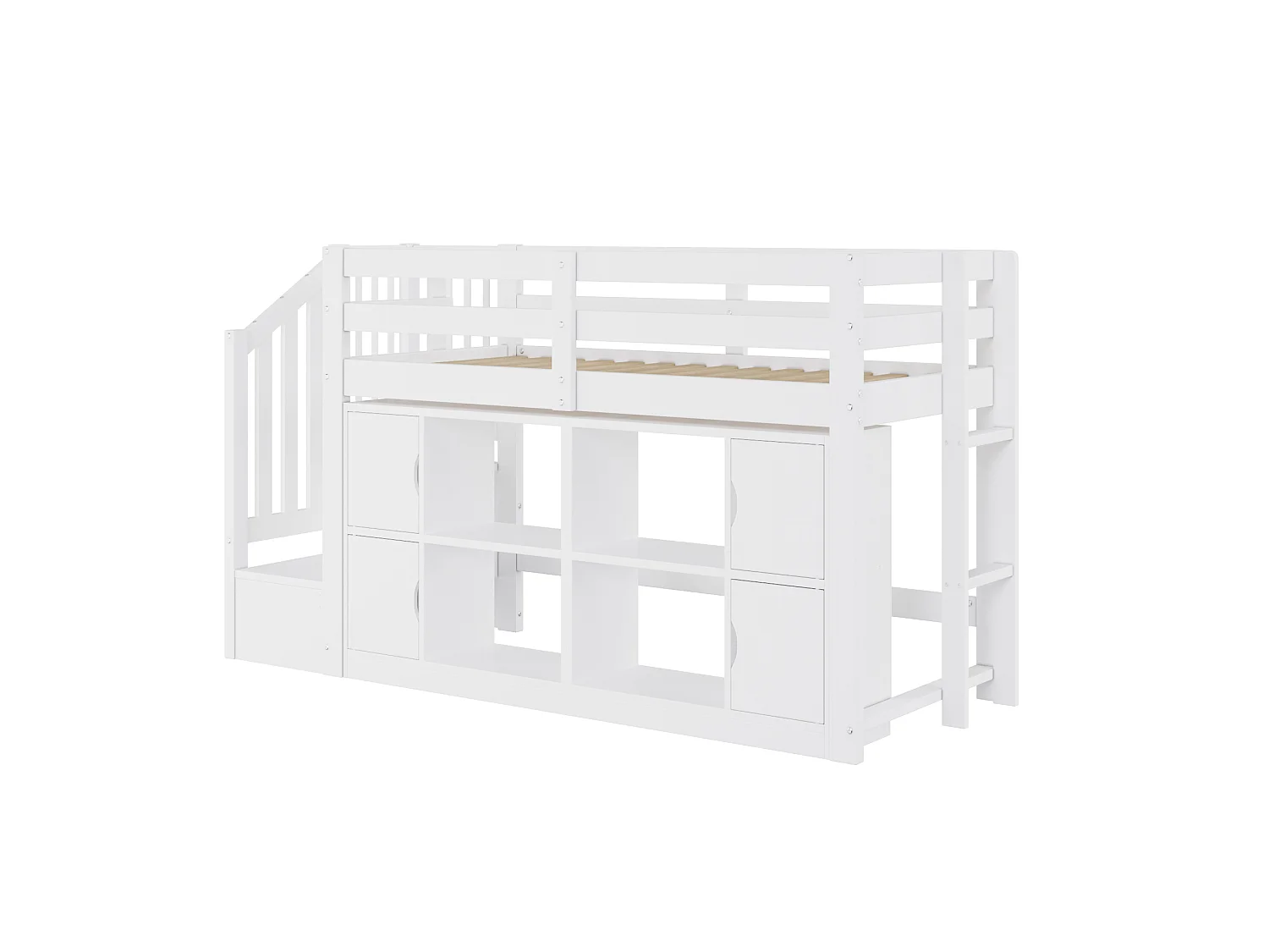 Lit mezzanine 90x200cm - avec rangements et penderie - avec échelle de rangement et éclairage LED - MDF - Blanc (sans matelas)