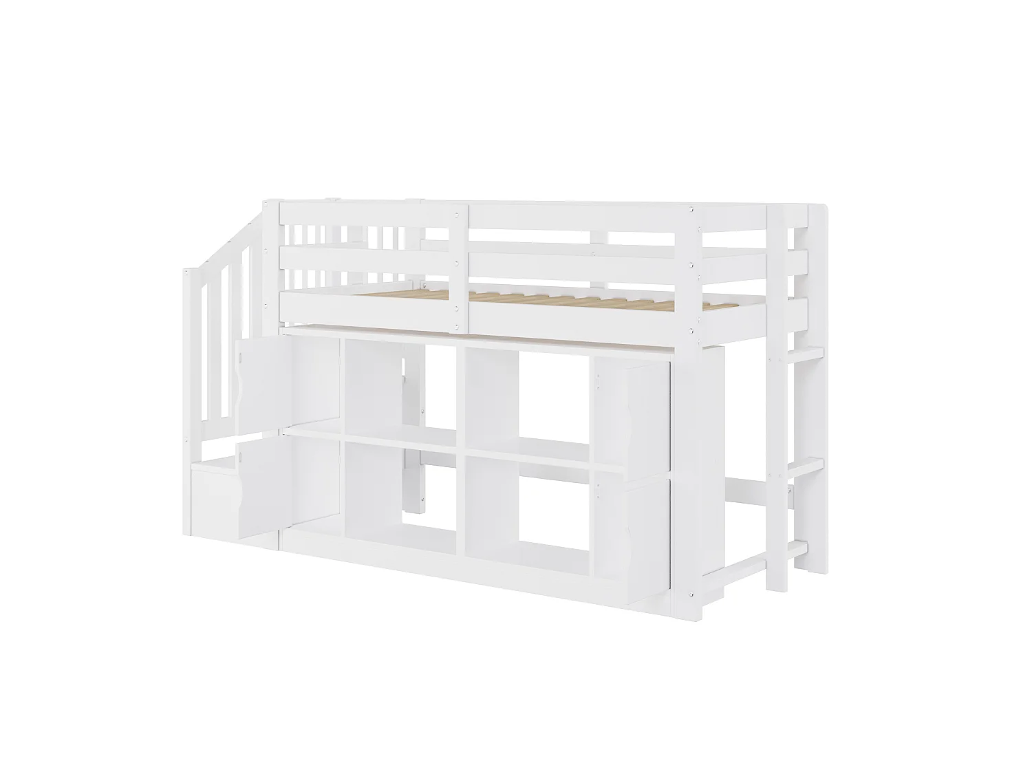 Lit mezzanine 90x200cm - avec rangements et penderie - avec échelle de rangement et éclairage LED - MDF - Blanc (sans matelas)