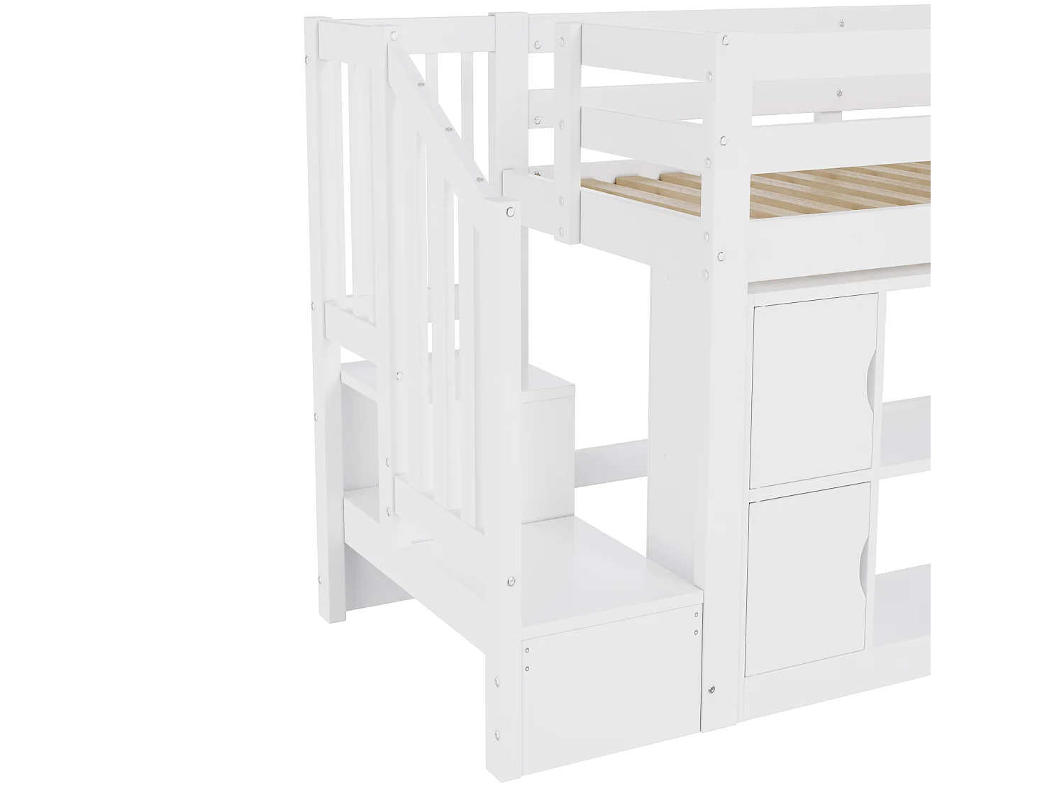 Lit mezzanine 90x200cm - avec rangements et penderie - avec échelle de rangement et éclairage LED - MDF - Blanc (sans matelas)