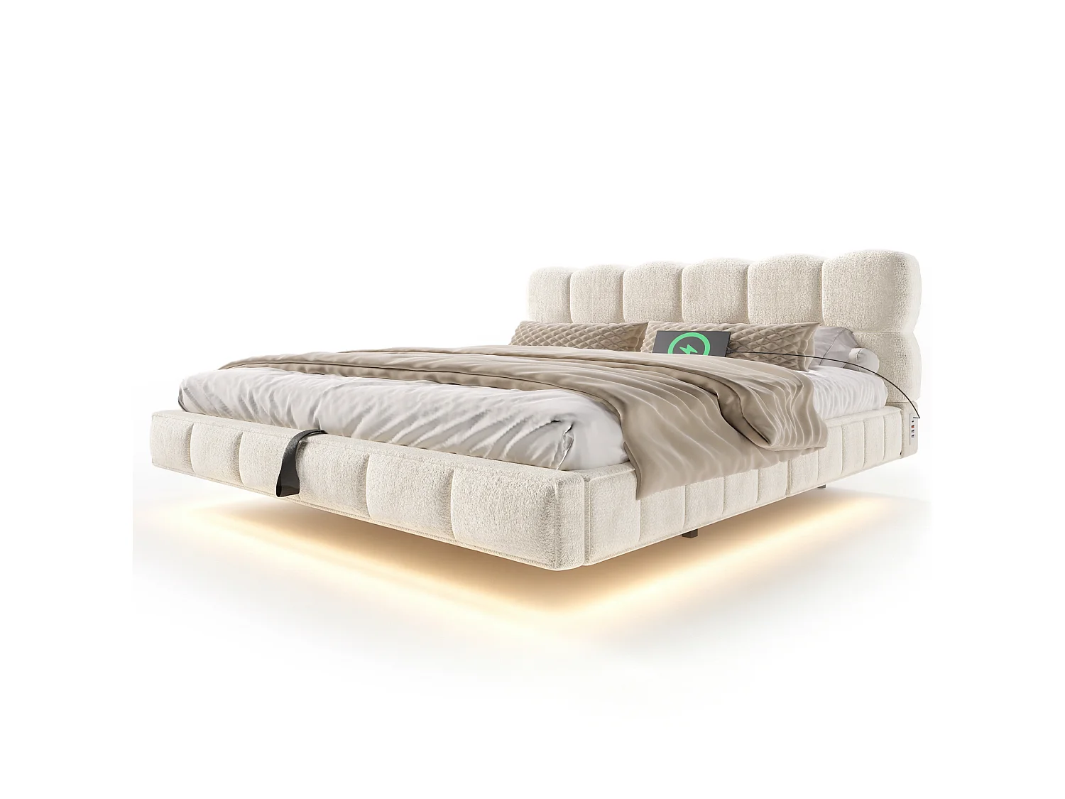 Bedbox gestoffeerd 140x200cm - met LED-verlichting en USB-poort - zwevend design - chenillestof - Beige (zonder matras)