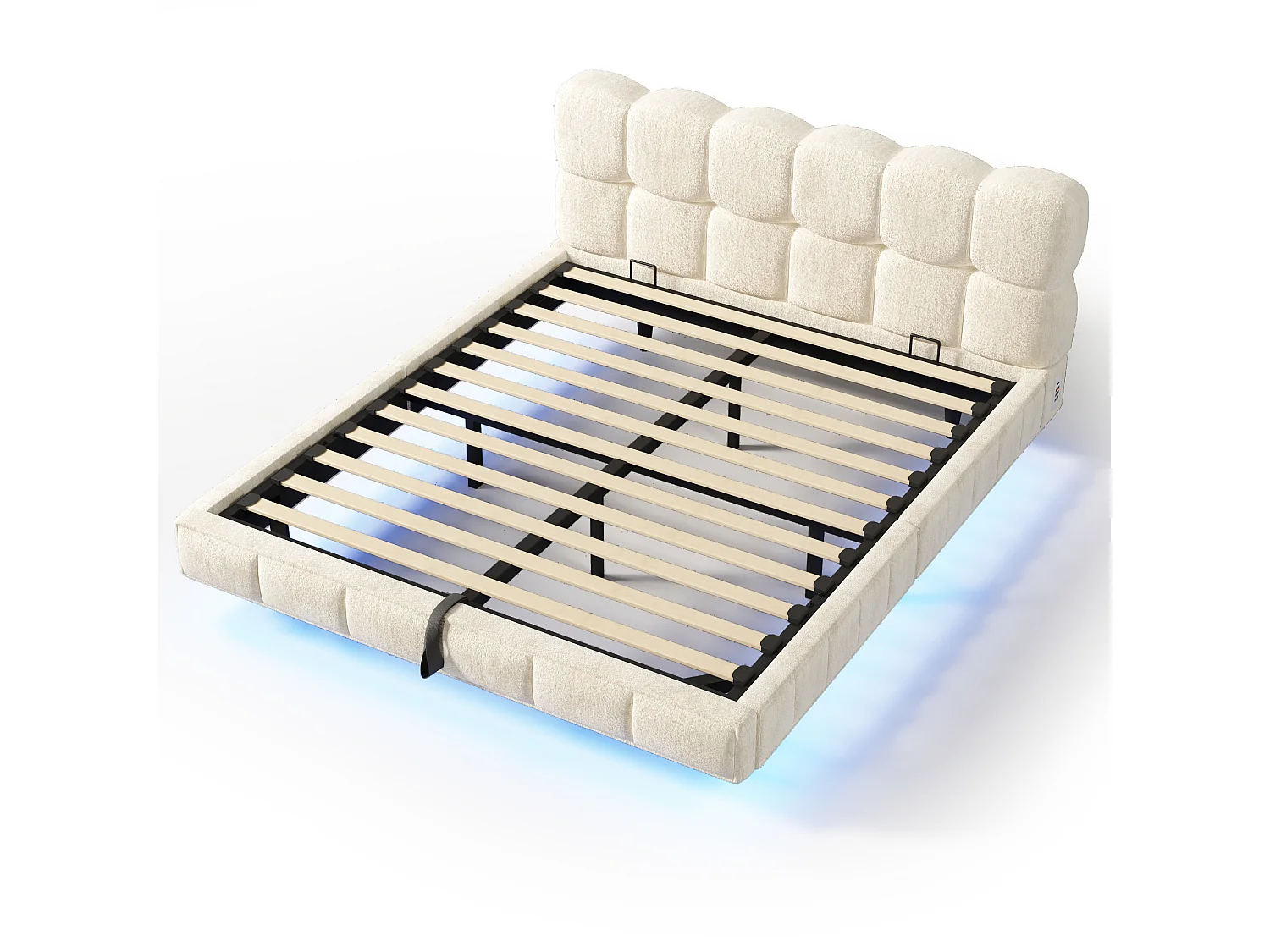 Bedbox gestoffeerd 140x200cm - met LED-verlichting en USB-poort - zwevend design - chenillestof - Beige (zonder matras)