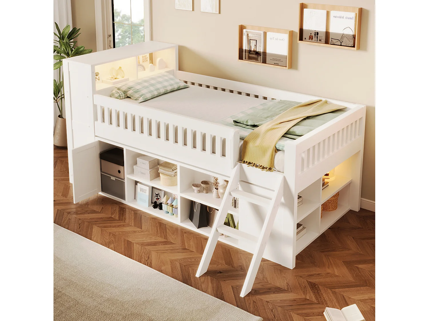 Lit enfant 120 x 200 cm - Éclairage LED - Armoire avec porte et compartiments de rangement - MDF + Pin - Blanc (sans matelas)