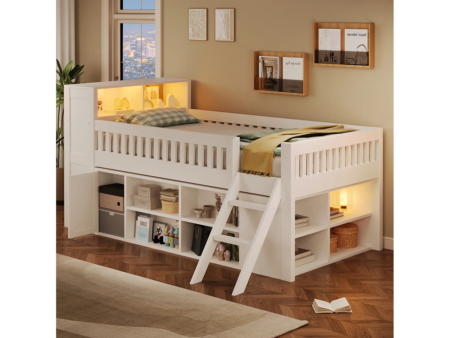 Lit enfant 120 x 200 cm - Éclairage LED - Armoire avec porte et compartiments de rangement - MDF + Pin - Blanc (sans matelas)