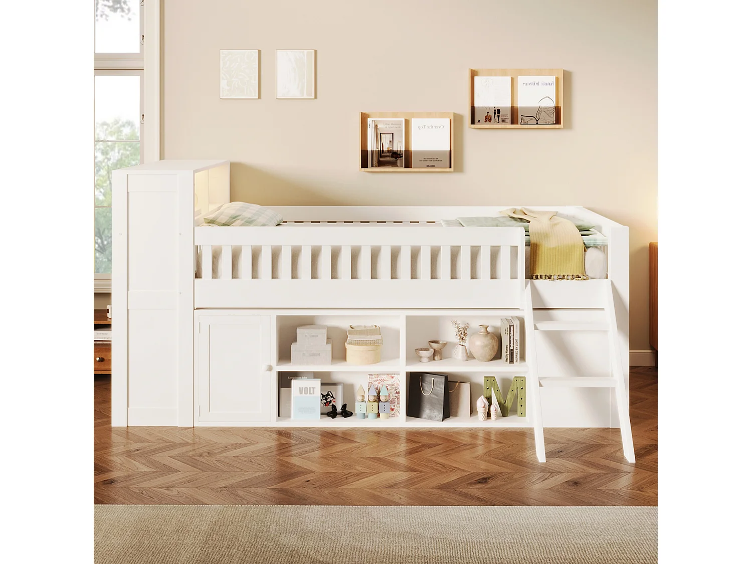 Lit enfant 120 x 200 cm - Éclairage LED - Armoire avec porte et compartiments de rangement - MDF + Pin - Blanc (sans matelas)