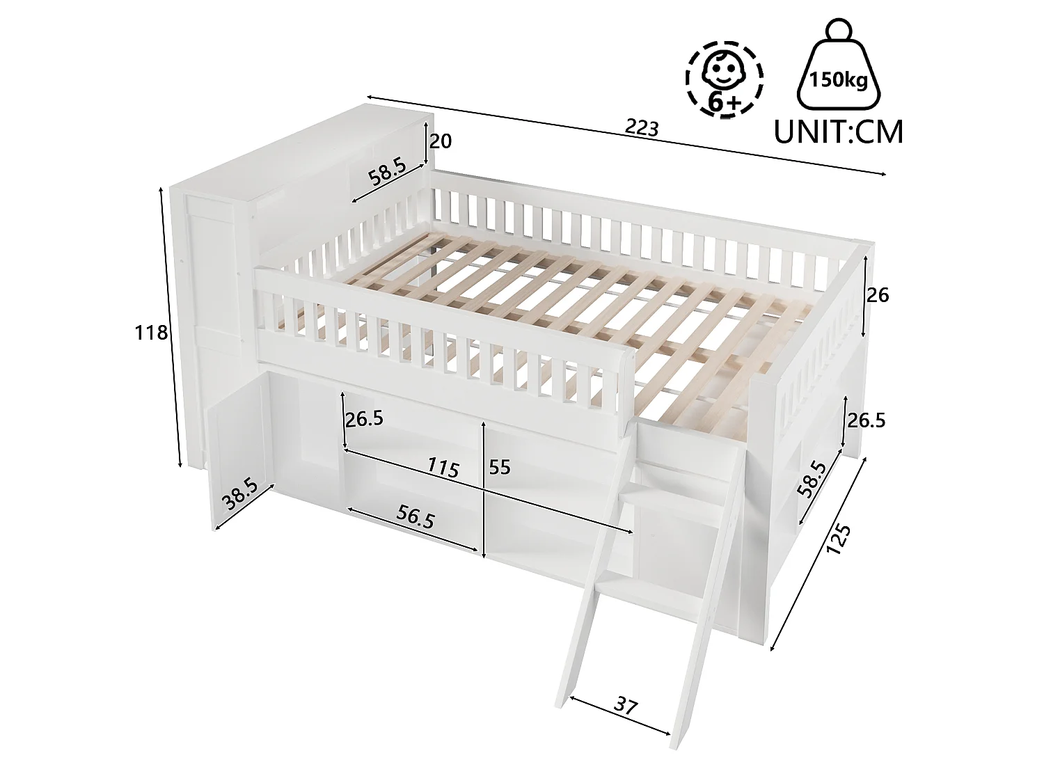 Lit enfant 120 x 200 cm - Éclairage LED - Armoire avec porte et compartiments de rangement - MDF + Pin - Blanc (sans matelas)