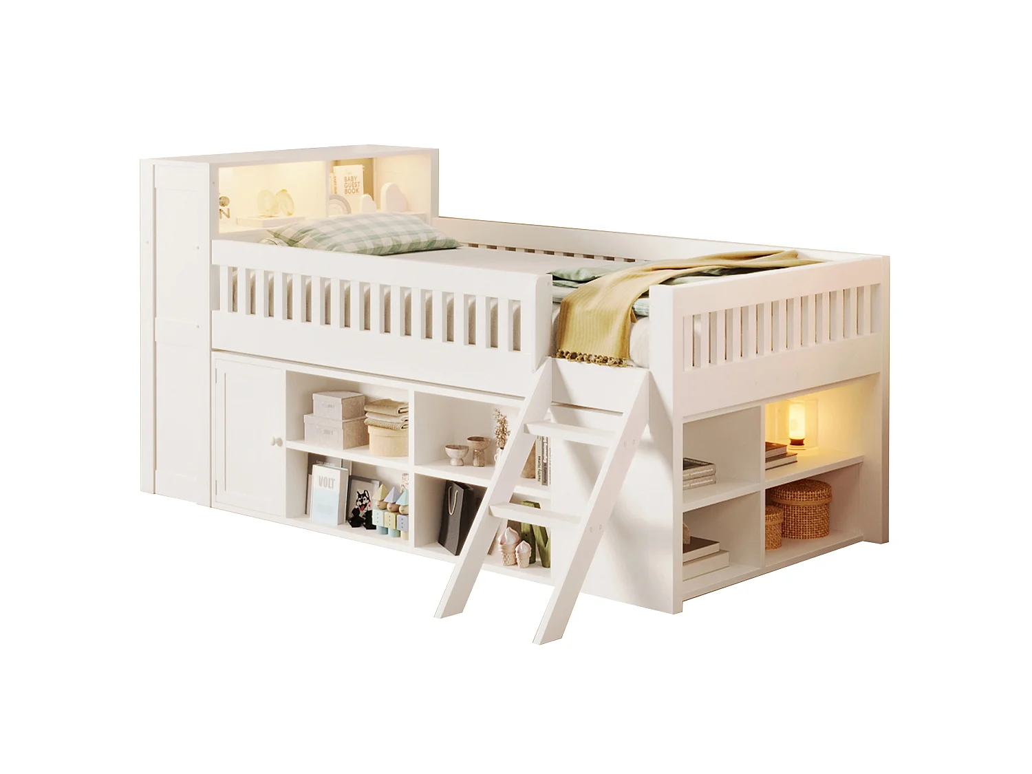 Lit enfant 120 x 200 cm - Éclairage LED - Armoire avec porte et compartiments de rangement - MDF + Pin - Blanc (sans matelas)