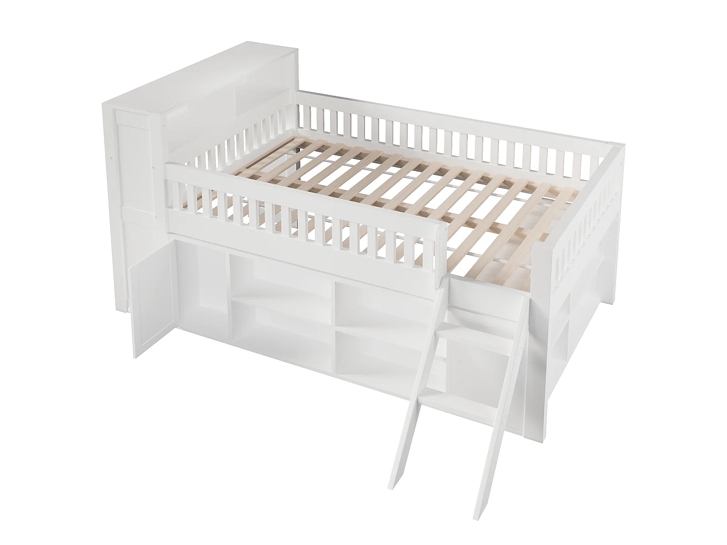 Lit enfant 120 x 200 cm - Éclairage LED - Armoire avec porte et compartiments de rangement - MDF + Pin - Blanc (sans matelas)