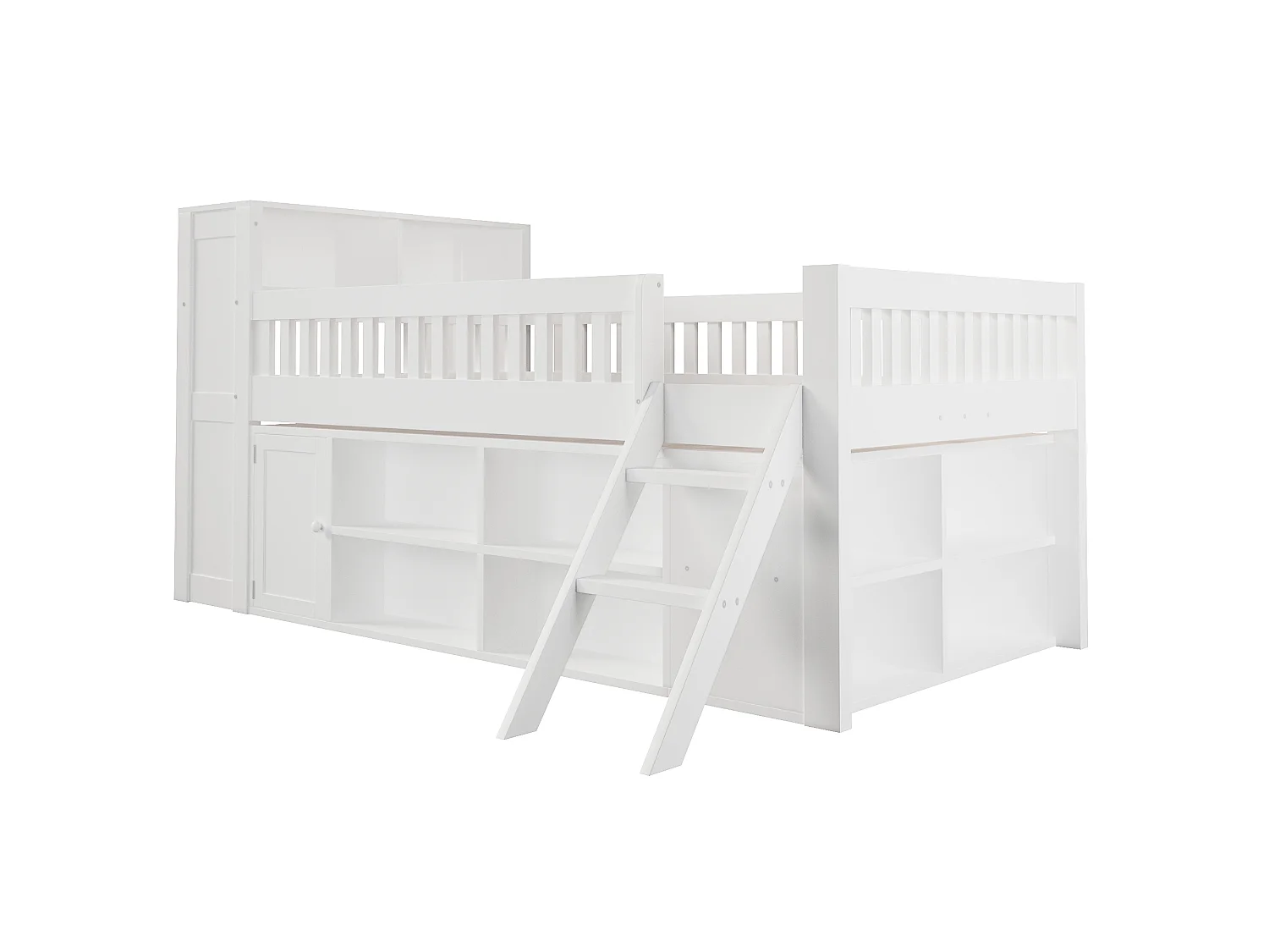 Lit enfant 120 x 200 cm - Éclairage LED - Armoire avec porte et compartiments de rangement - MDF + Pin - Blanc (sans matelas)