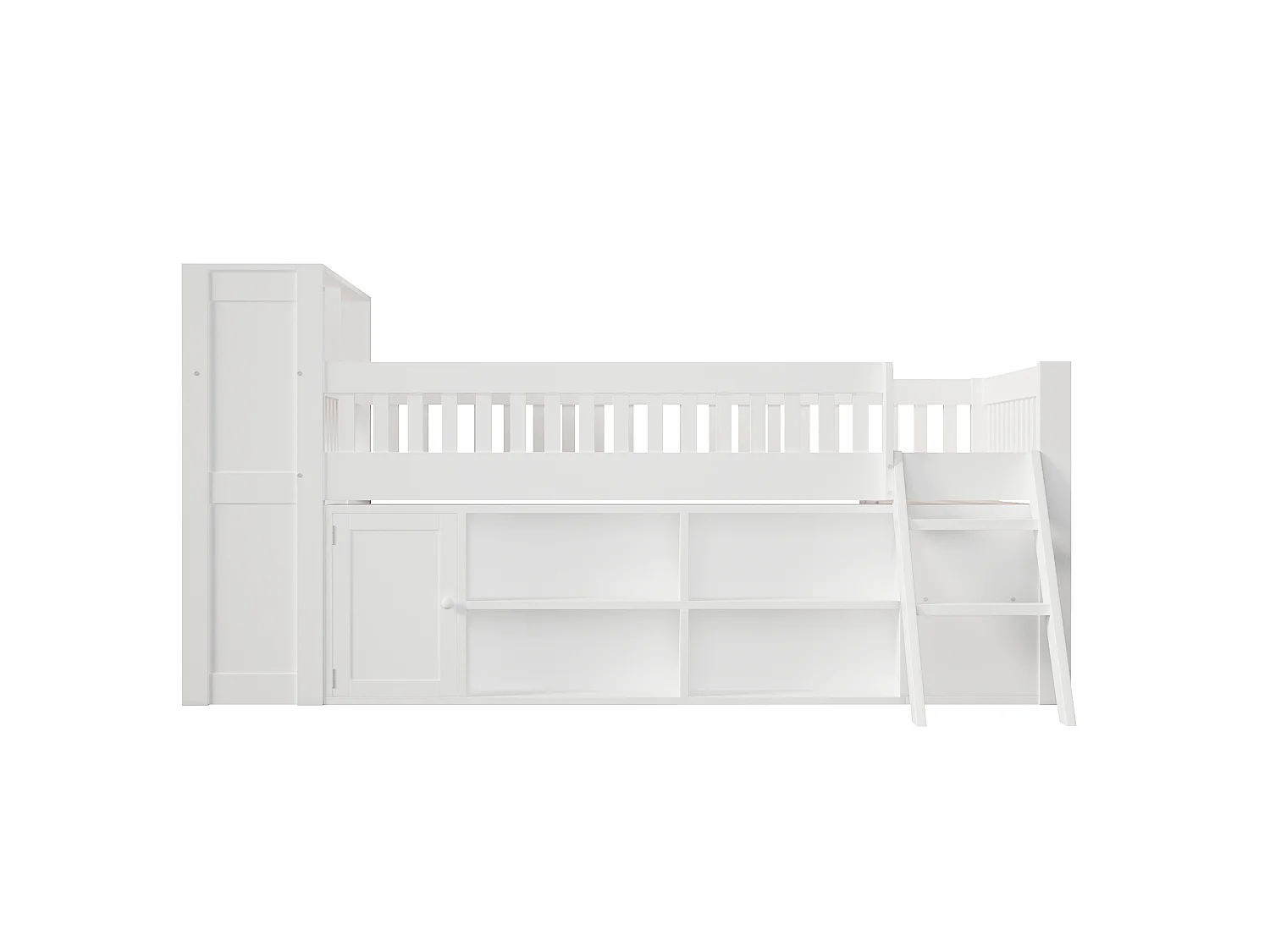 Lit enfant 120 x 200 cm - Éclairage LED - Armoire avec porte et compartiments de rangement - MDF + Pin - Blanc (sans matelas)