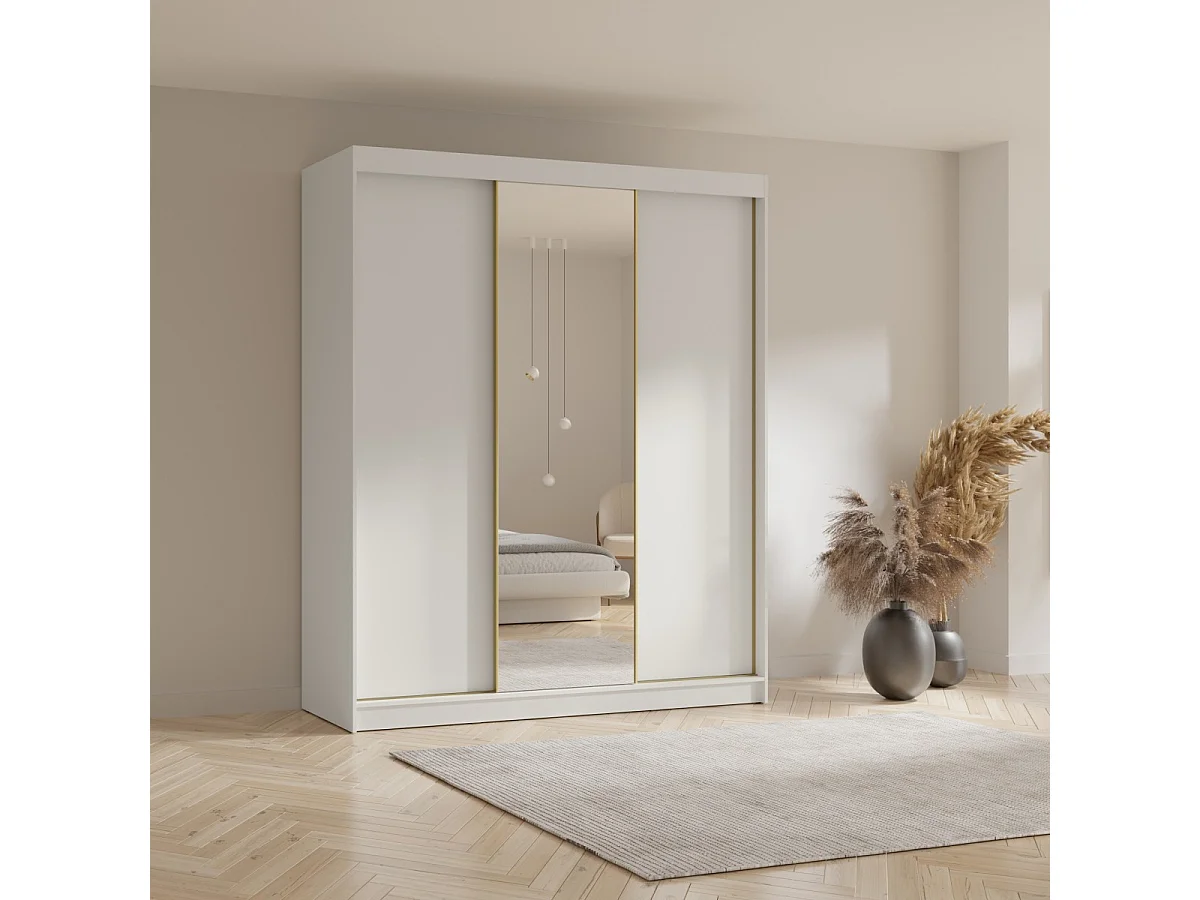 Hoher Schwebetürenschrank mit Spiegel Fiore Plus 3D1L 200 Weiß/Gold
