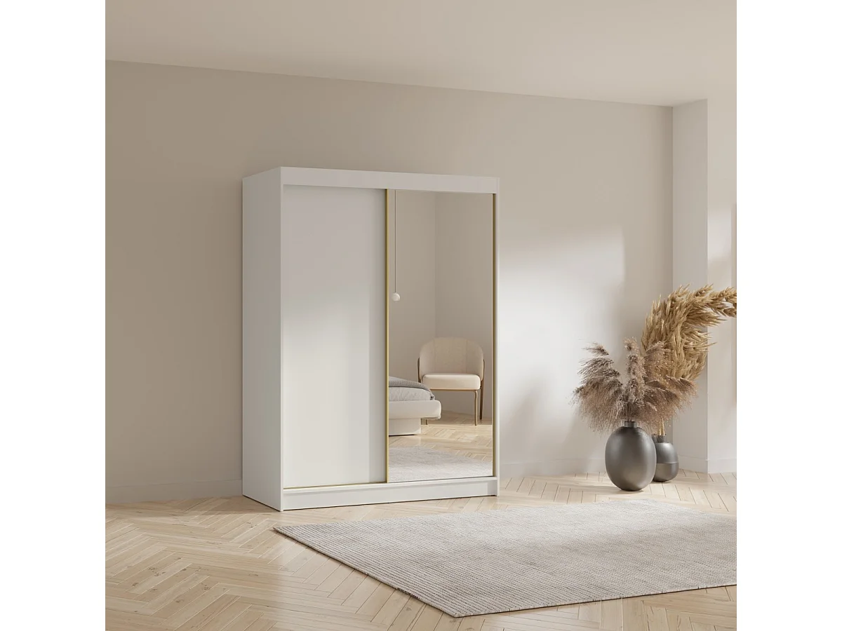 Schwebetürenschrank mit Spiegel Fiore 2D1L 150 Weiß/Gold