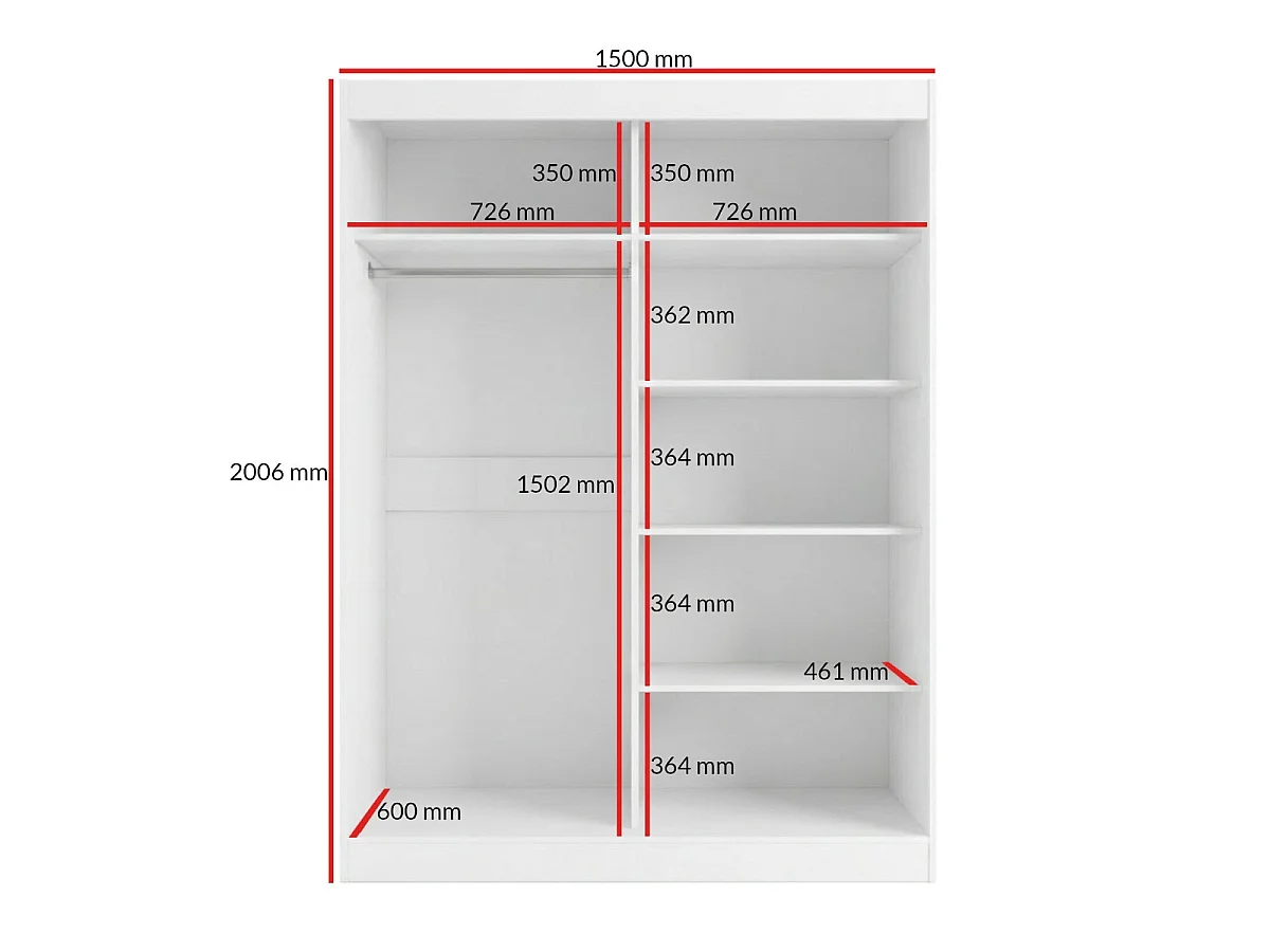 Schuifdeurkast met spiegel Fiore 2D1L 150 Wit/Zilver