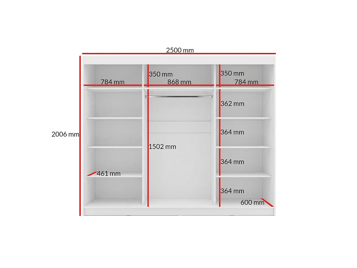 Schuifdeurkast met spiegel Fiore 3D1L 250 Wit/Zilver