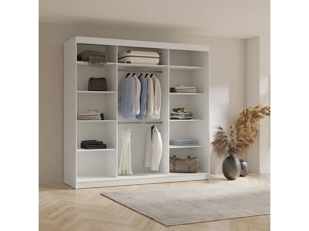 Hoge zweefdeurkast met spiegel Fiore Plus 3D1L 250 Wit/Zilver