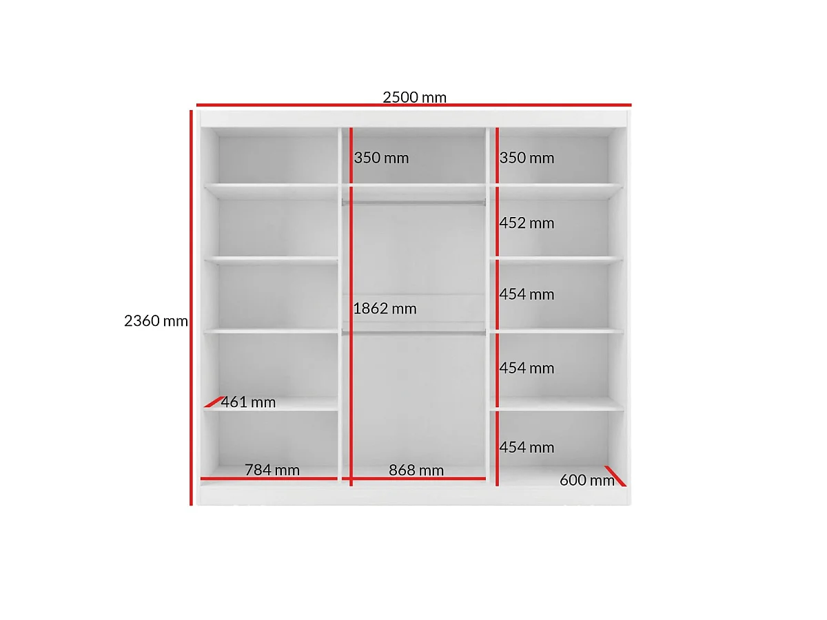 Hoge zweefdeurkast met spiegel Fiore Plus 3D1L 250 Wit/Zilver