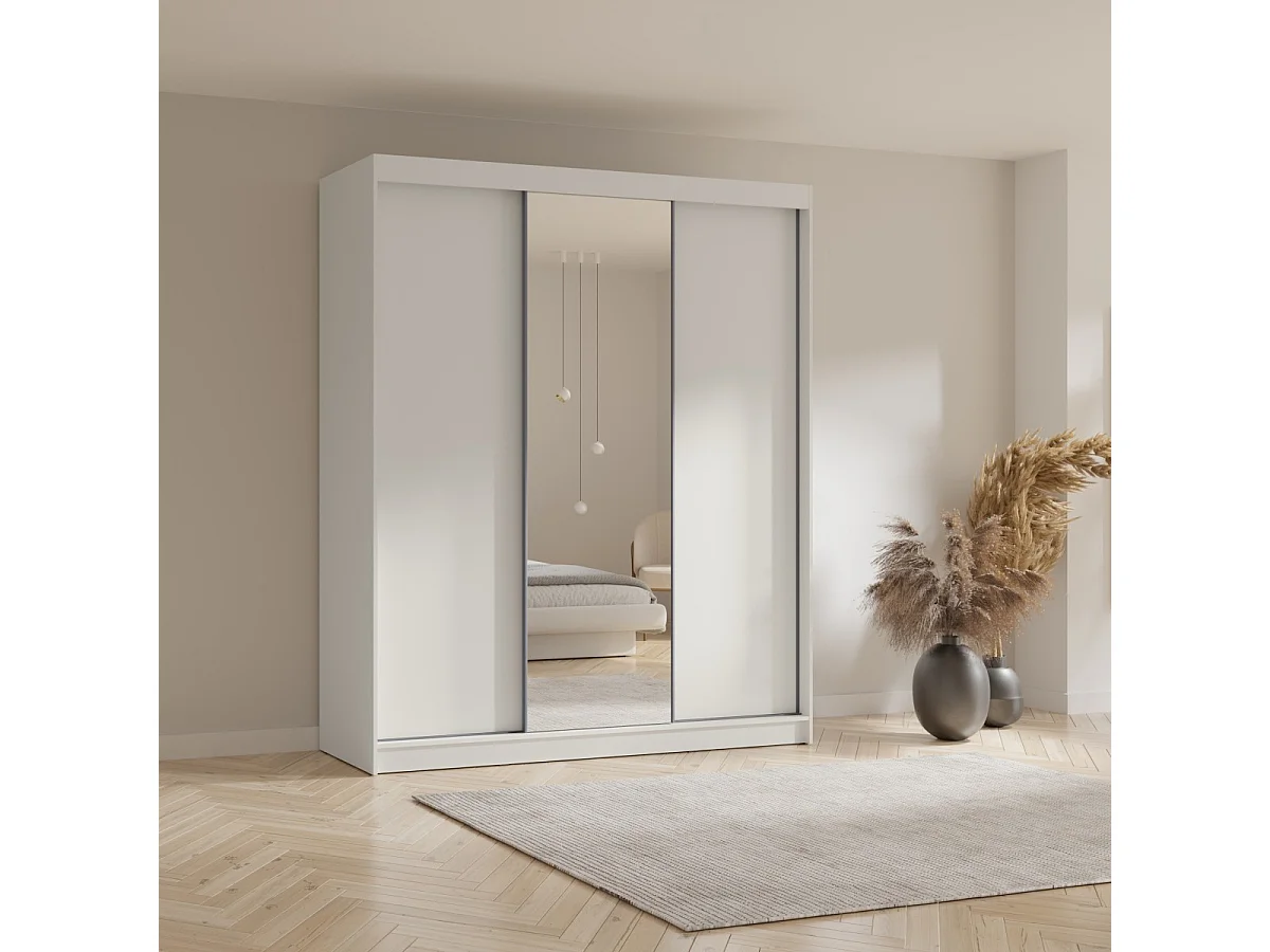 Hoge zweefdeurkast met spiegel Fiore Plus 3D1L 200 Wit/Zilver