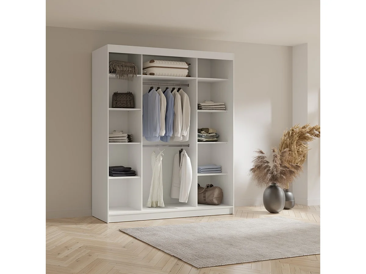 Hoge zweefdeurkast met spiegel Fiore Plus 3D1L 200 Wit/Zilver